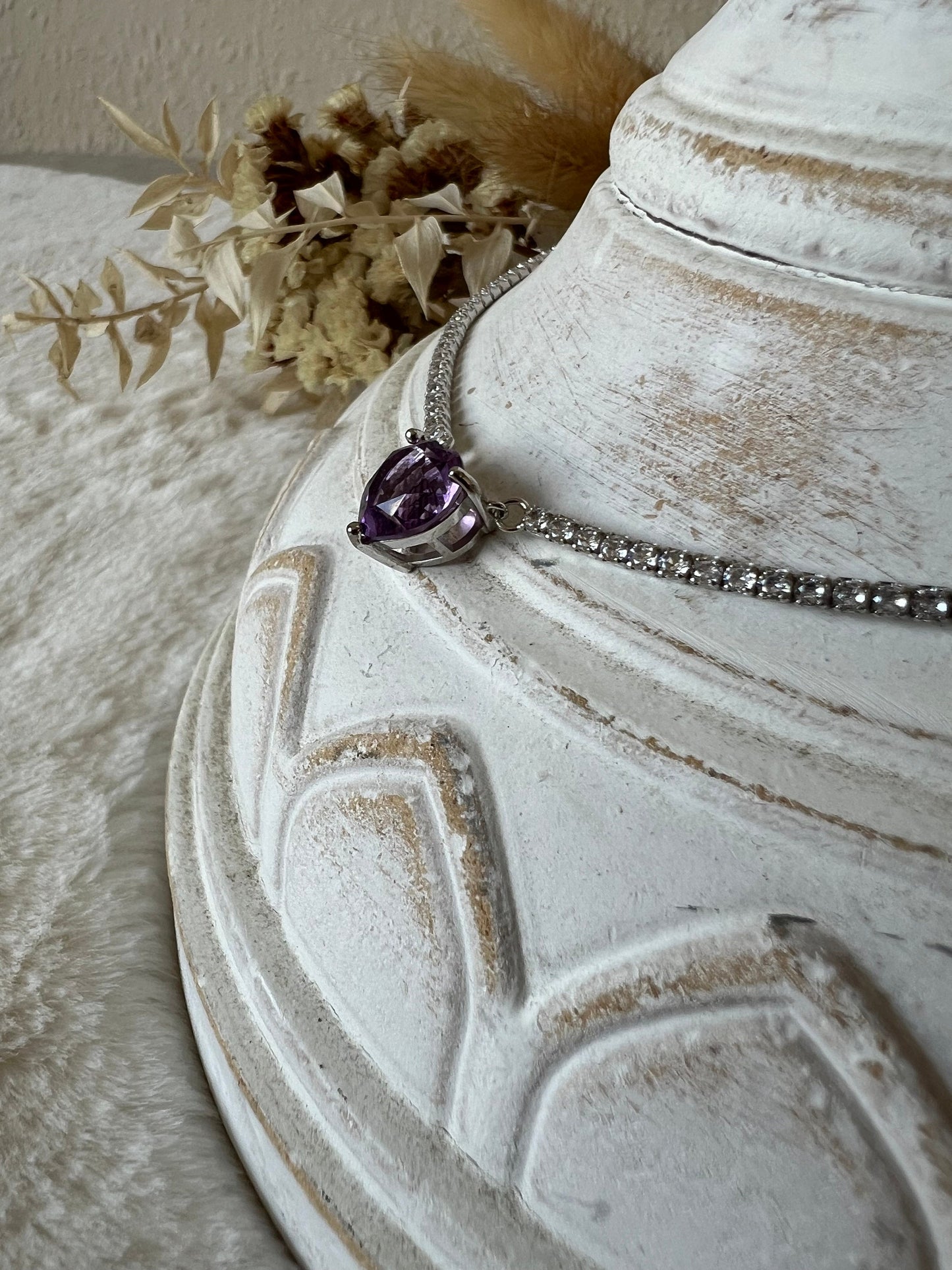 Amethyst mit Moissanite Herz Kette 925 Silber