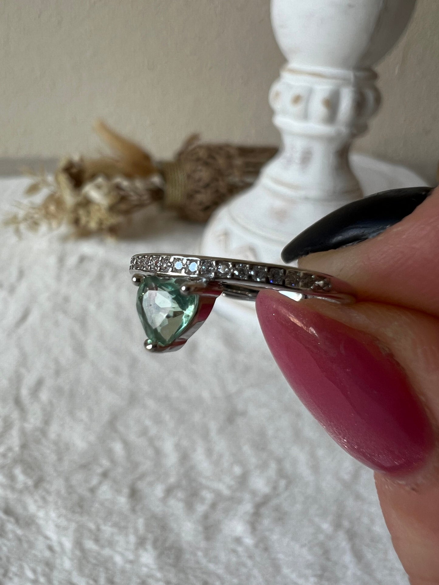 Grüner Fluorit Herz Ring mit Moissanite 925 Silber grössenverstellbar