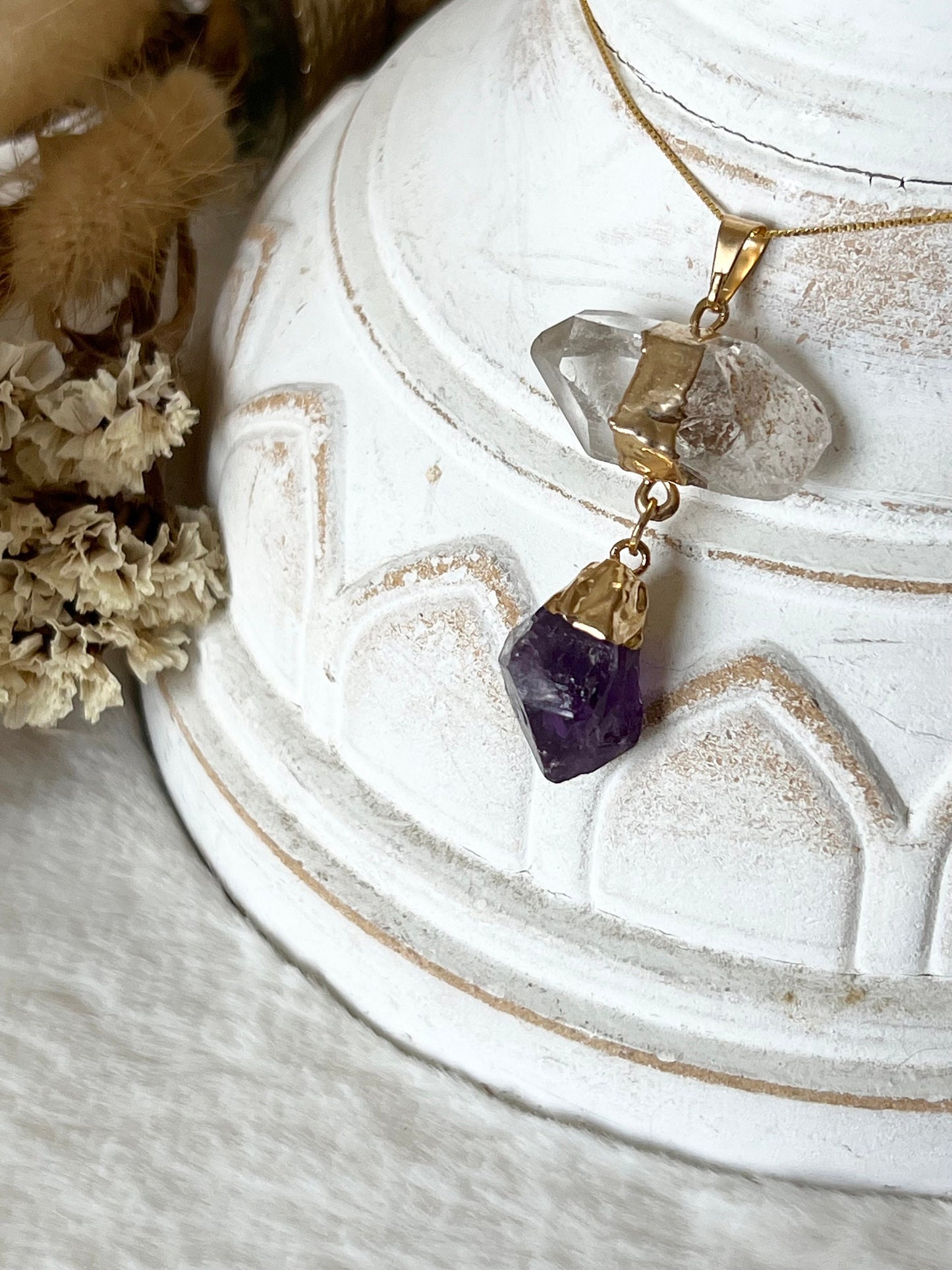 Bergkristall mit Amethyst Anhänger goldfarben galvanisiert