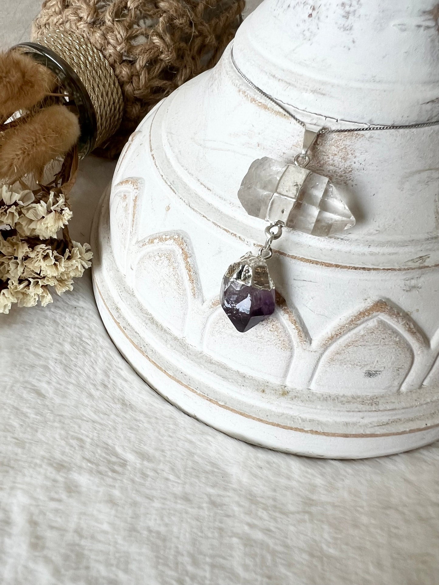 Bergkristall mit Amethyst Doppelanhänger silberfarben galvanisiert