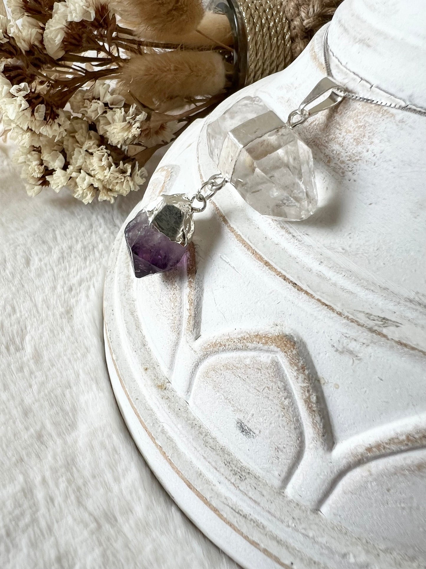 Bergkristall mit Amethyst Doppelanhänger silberfarben galvanisiert
