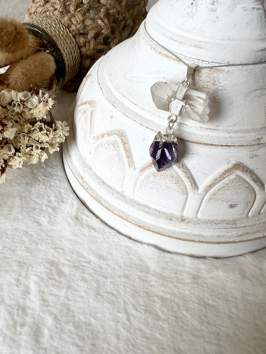 Bergkristall mit Amethyst Doppelanhänger silberfarben galvanisiert