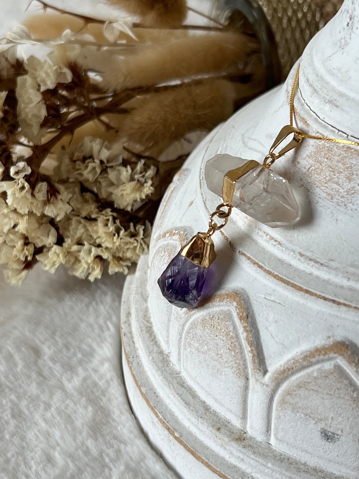 Bergkristall mit Amethyst Anhänger goldfarben galvanisiert