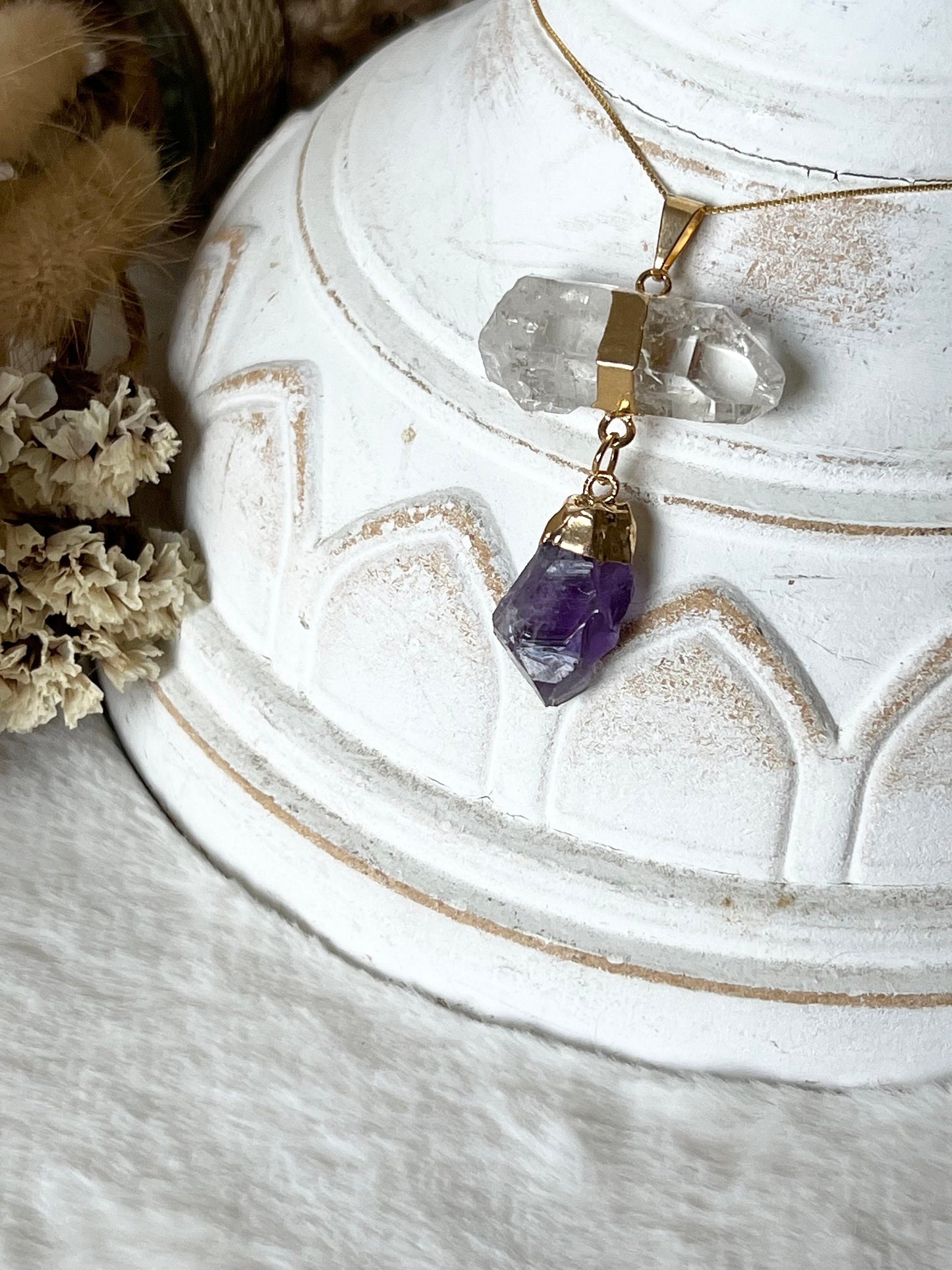 Bergkristall mit Amethyst Anhänger goldfarben galvanisiert