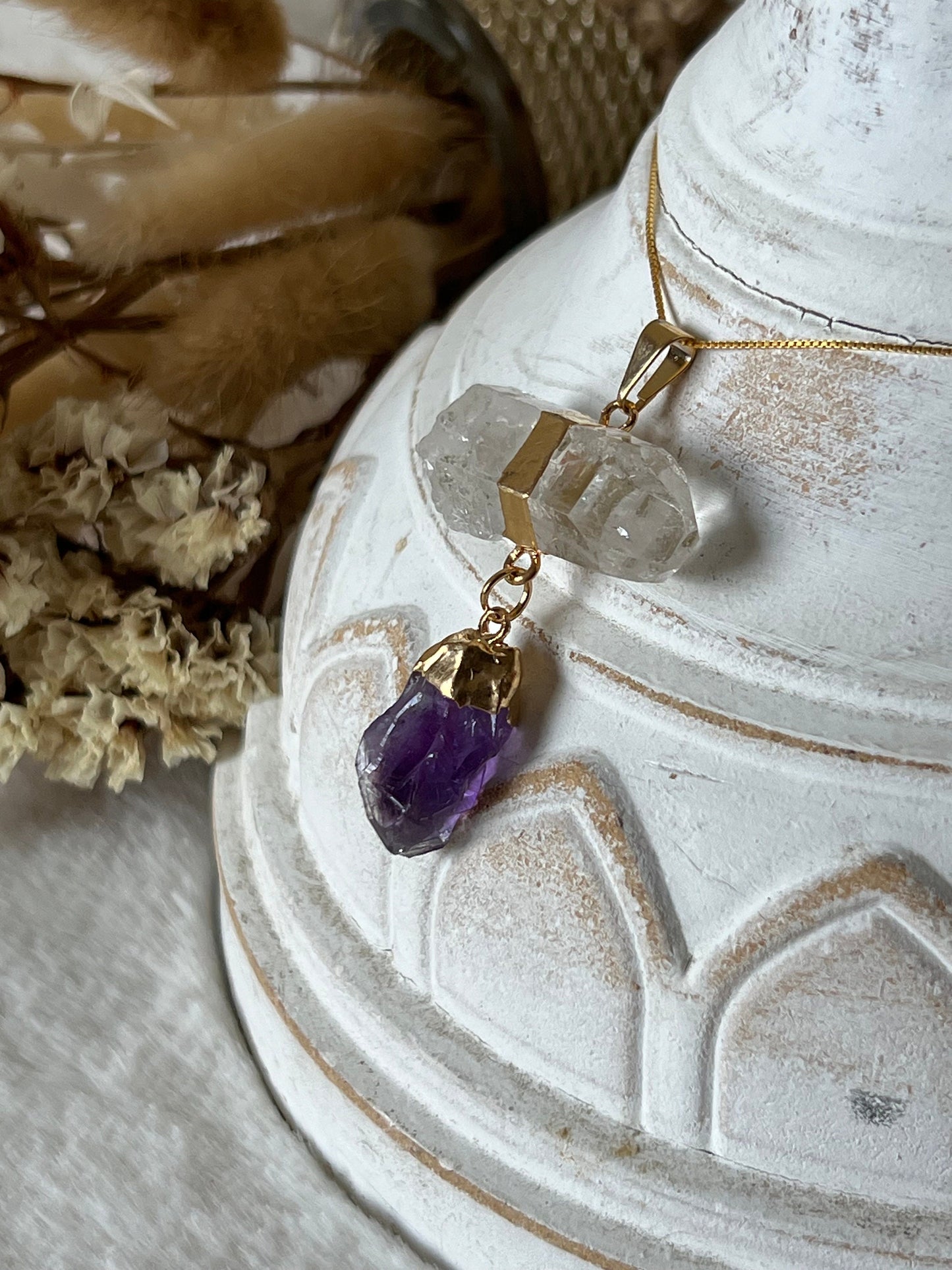 Bergkristall mit Amethyst Anhänger goldfarben galvanisiert
