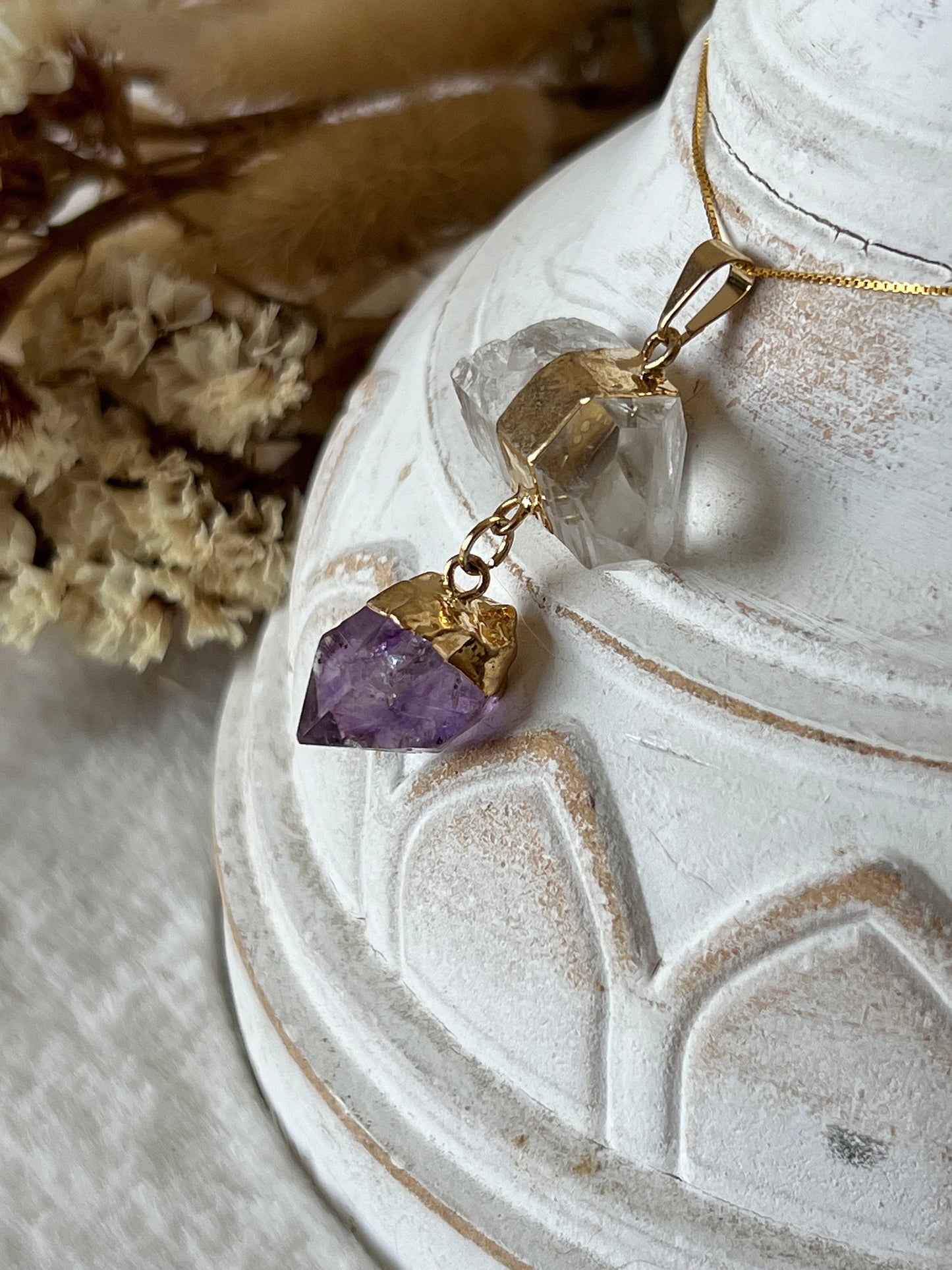 Bergkristall mit Amethyst Anhänger goldfarben galvanisiert