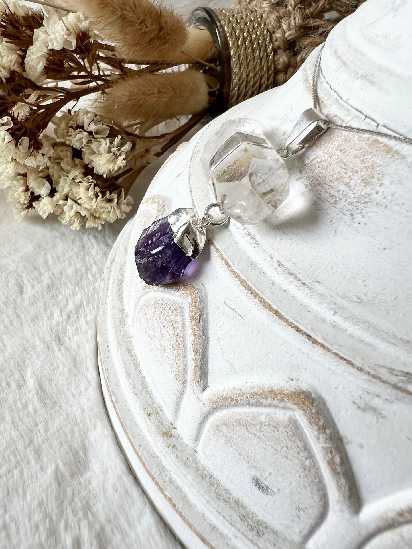 Bergkristall mit Amethyst Doppelanhänger silberfarben galvanisiert