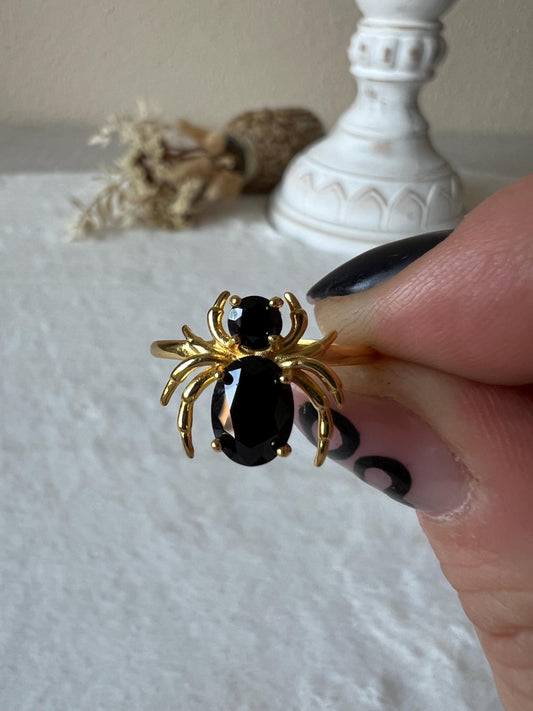 Obsidian Spinnenring 925 Silber/18k vergoldet