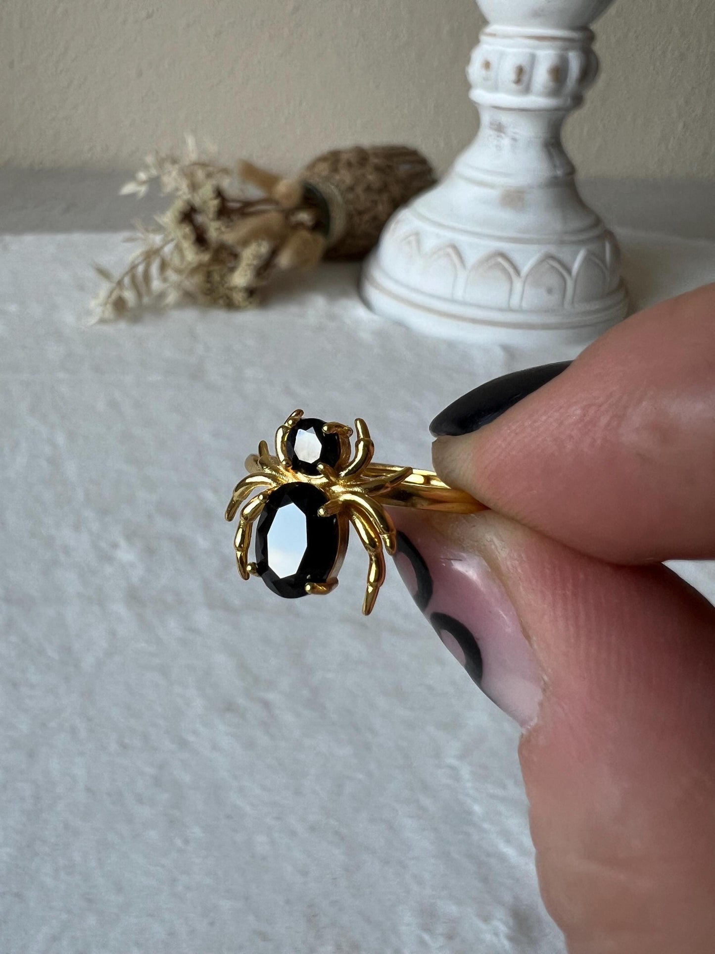 Obsidian Spinnenring 925 Silber/18k vergoldet
