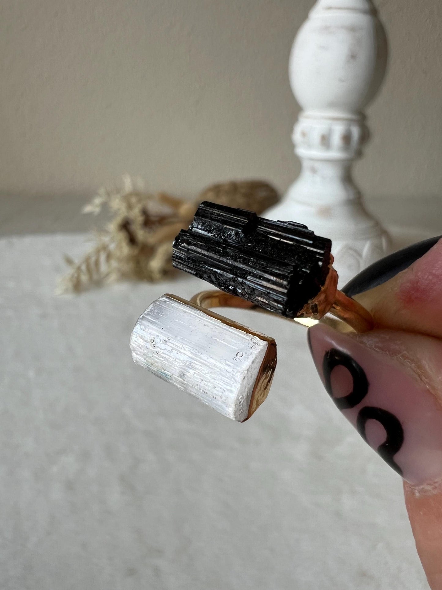 Turmalin Selenit Ring gold galvanisiert