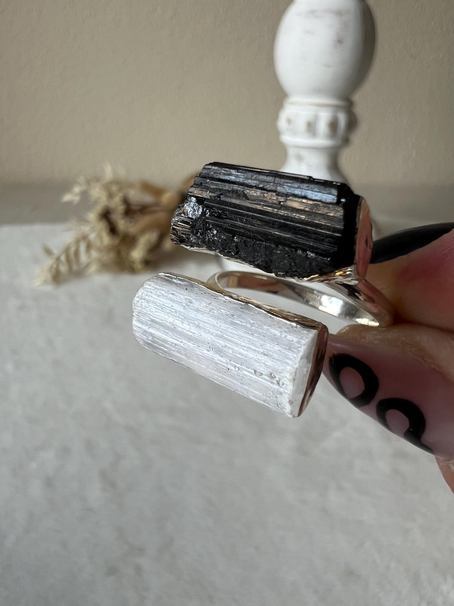 Turmalin Selenit Ring silber galvanisiert