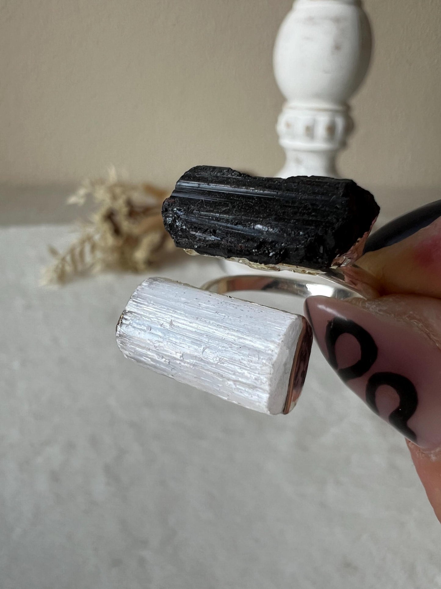 Turmalin Selenit Ring silber galvanisiert
