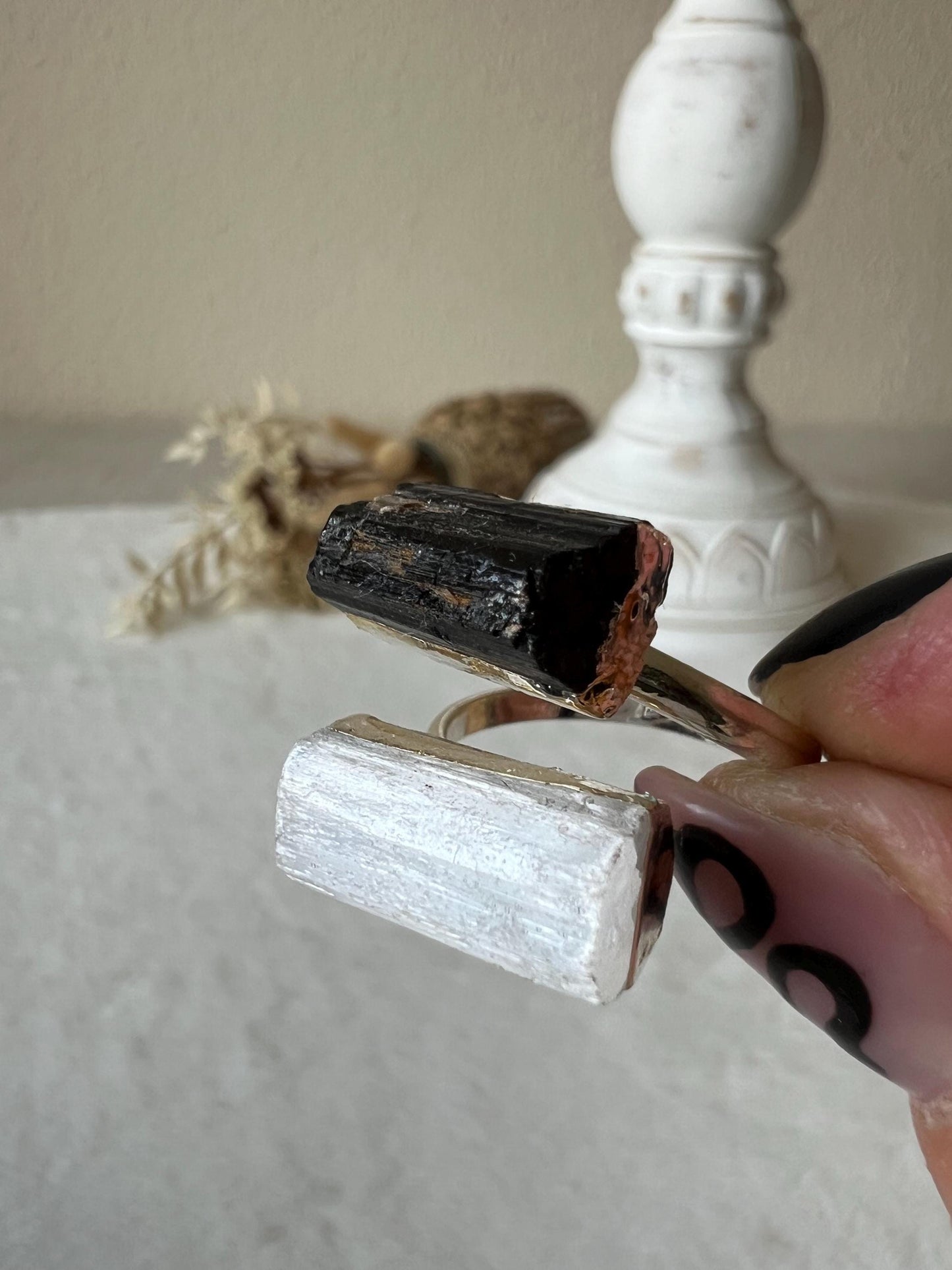 Turmalin Selenit Ring silber galvanisiert