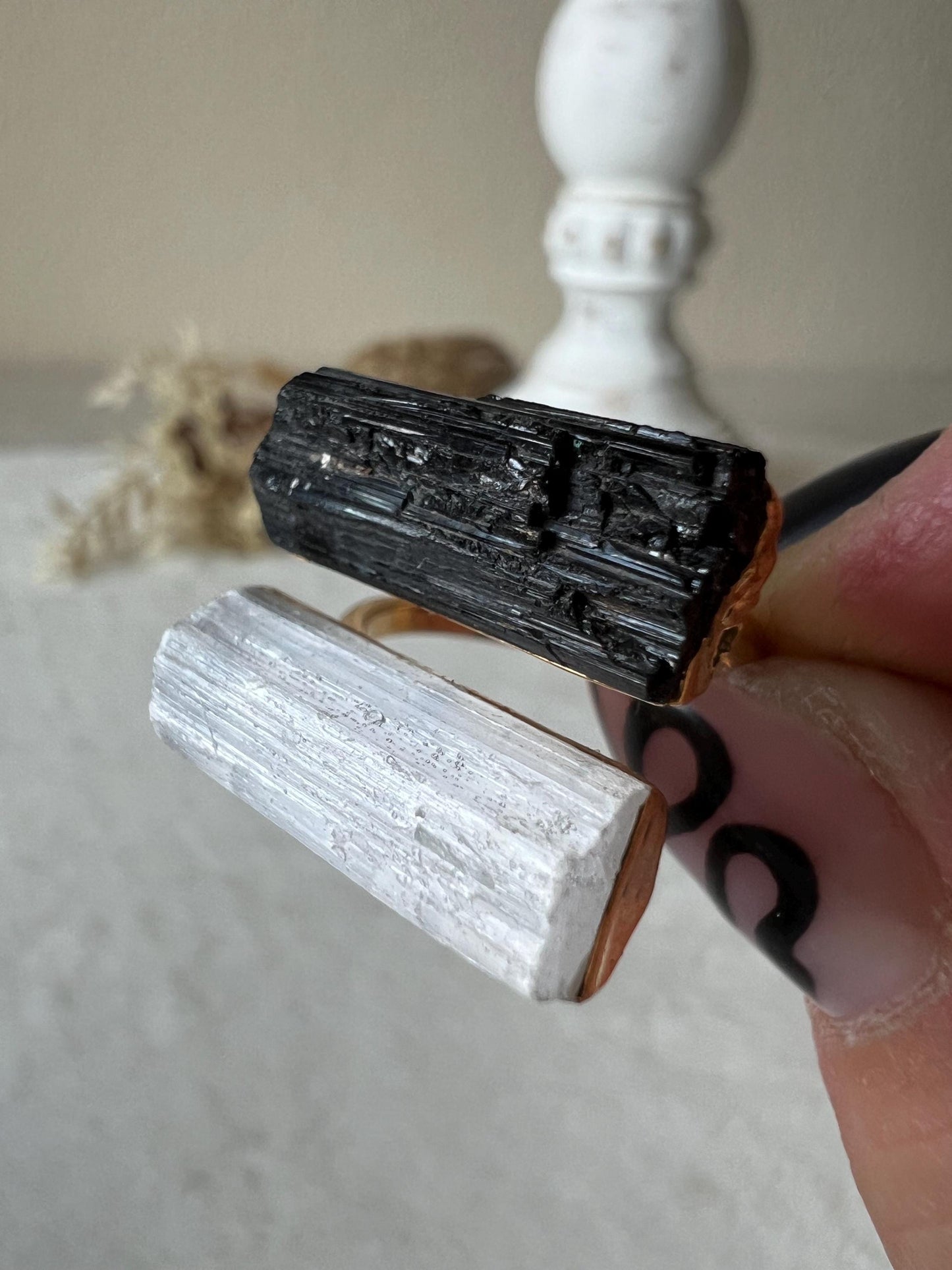 Turmalin Selenit Ring gold galvanisiert