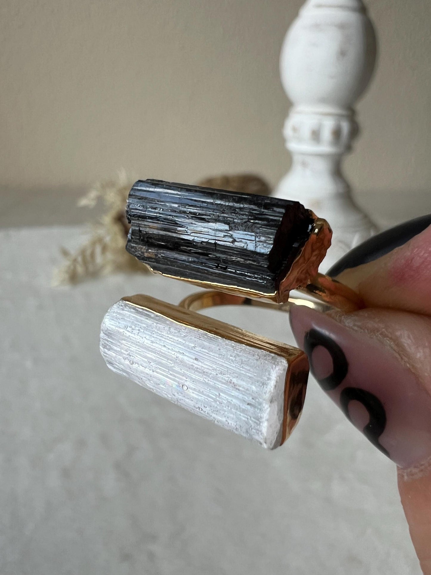 Turmalin Selenit Ring gold galvanisiert