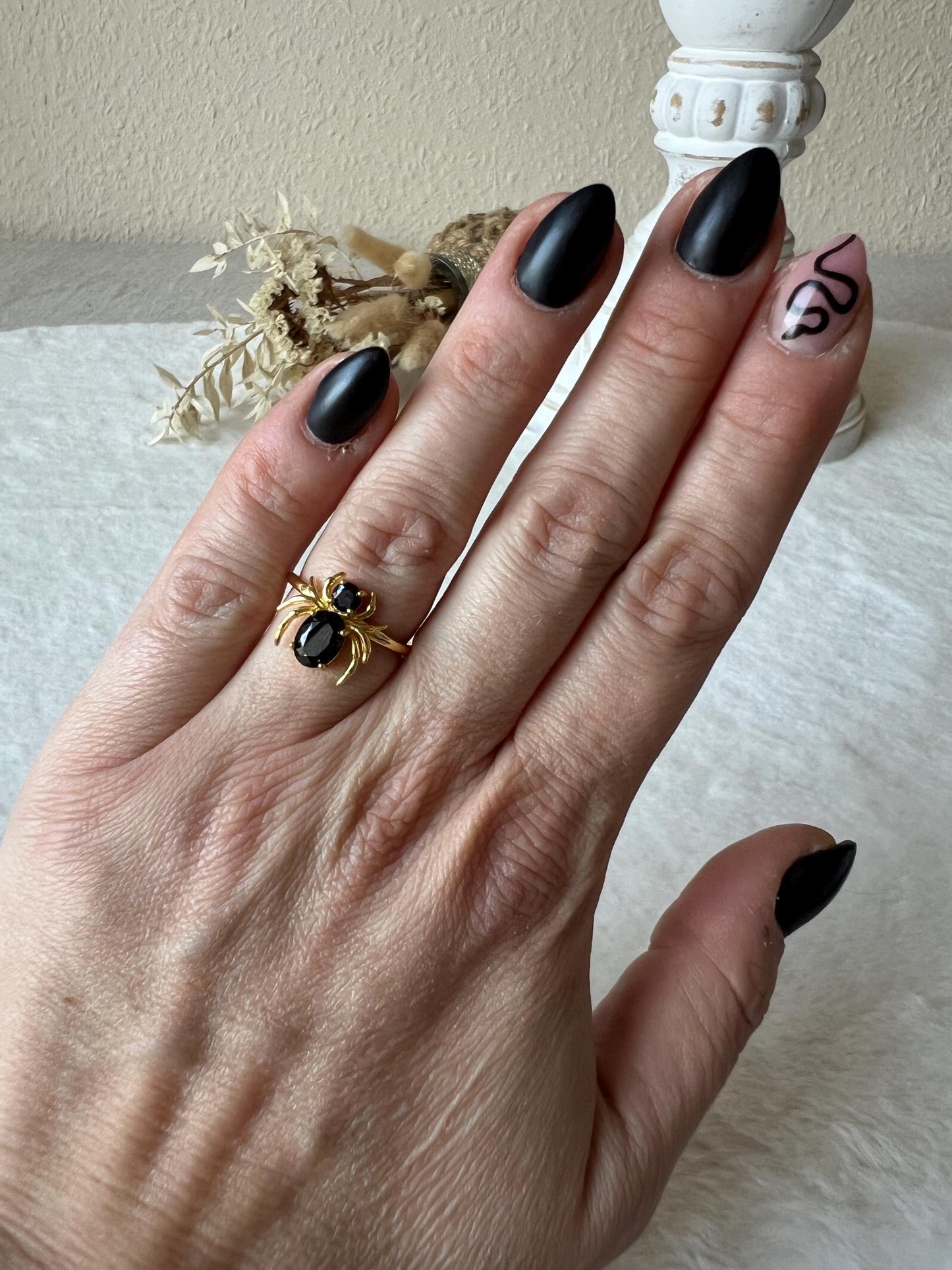 Obsidian Spinnenring 925 Silber/18k vergoldet