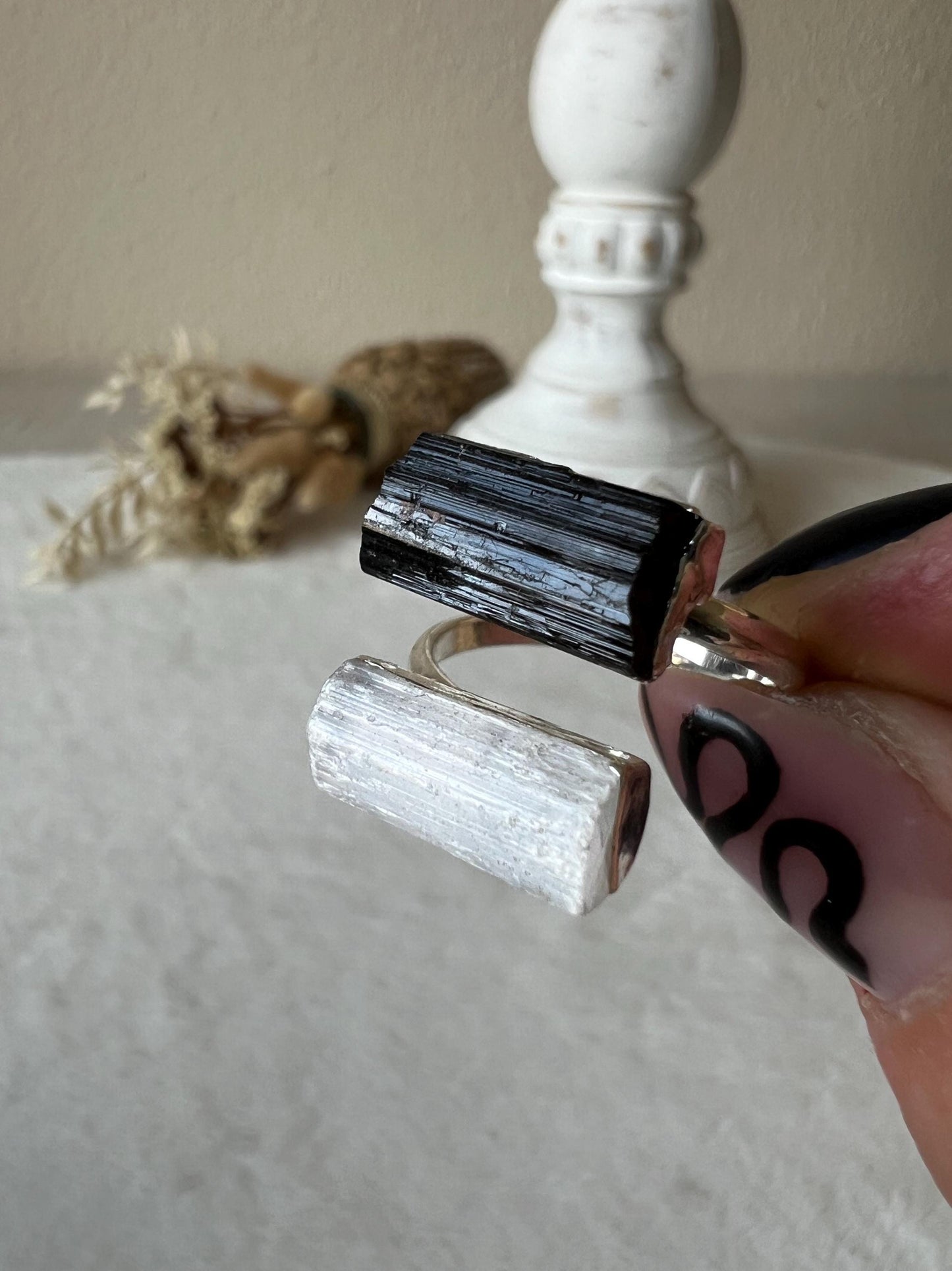 Turmalin Selenit Ring silber galvanisiert