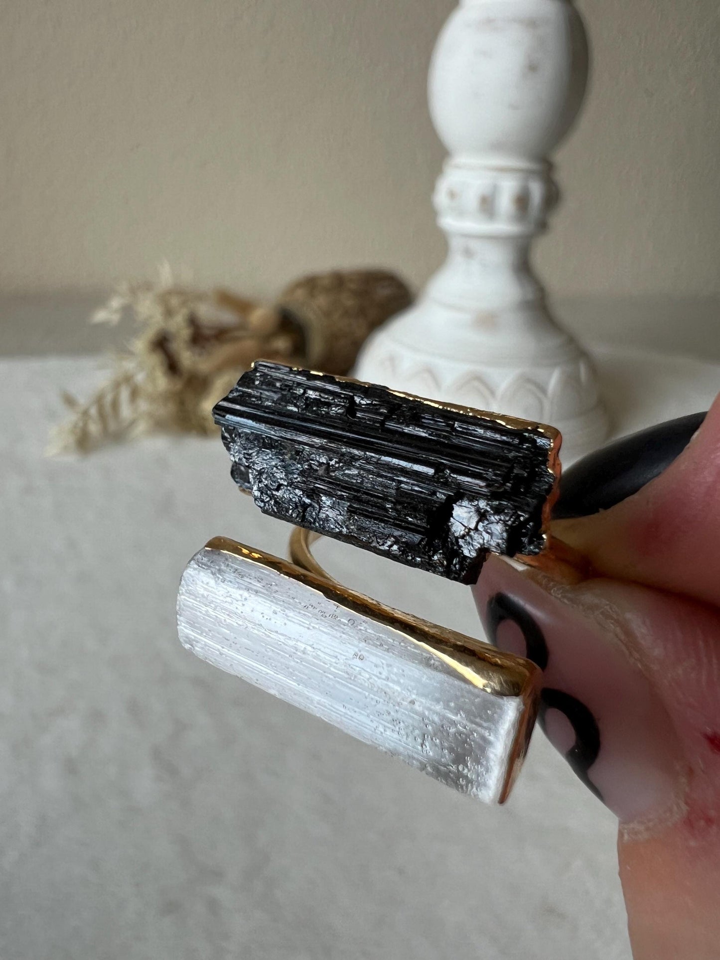 Turmalin Selenit Ring gold galvanisiert