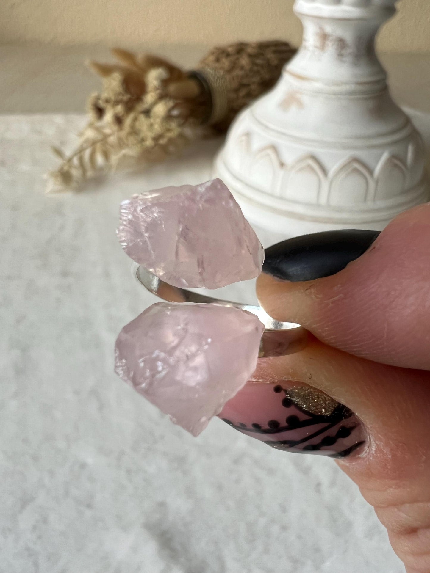 925 Silber Rosenquarz Rohstein Ring