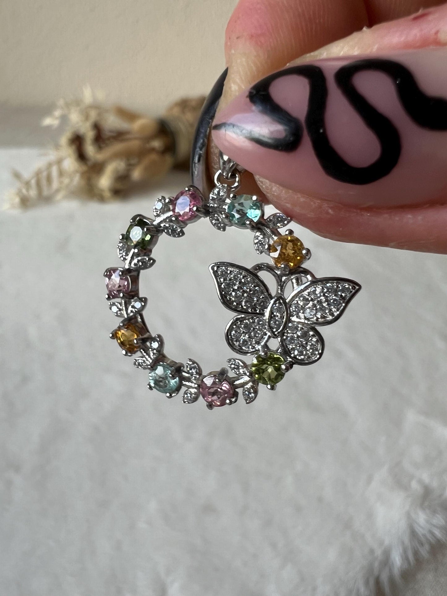 Bunter Turmalin Kettenanhänger Schmetterling 925 Silber