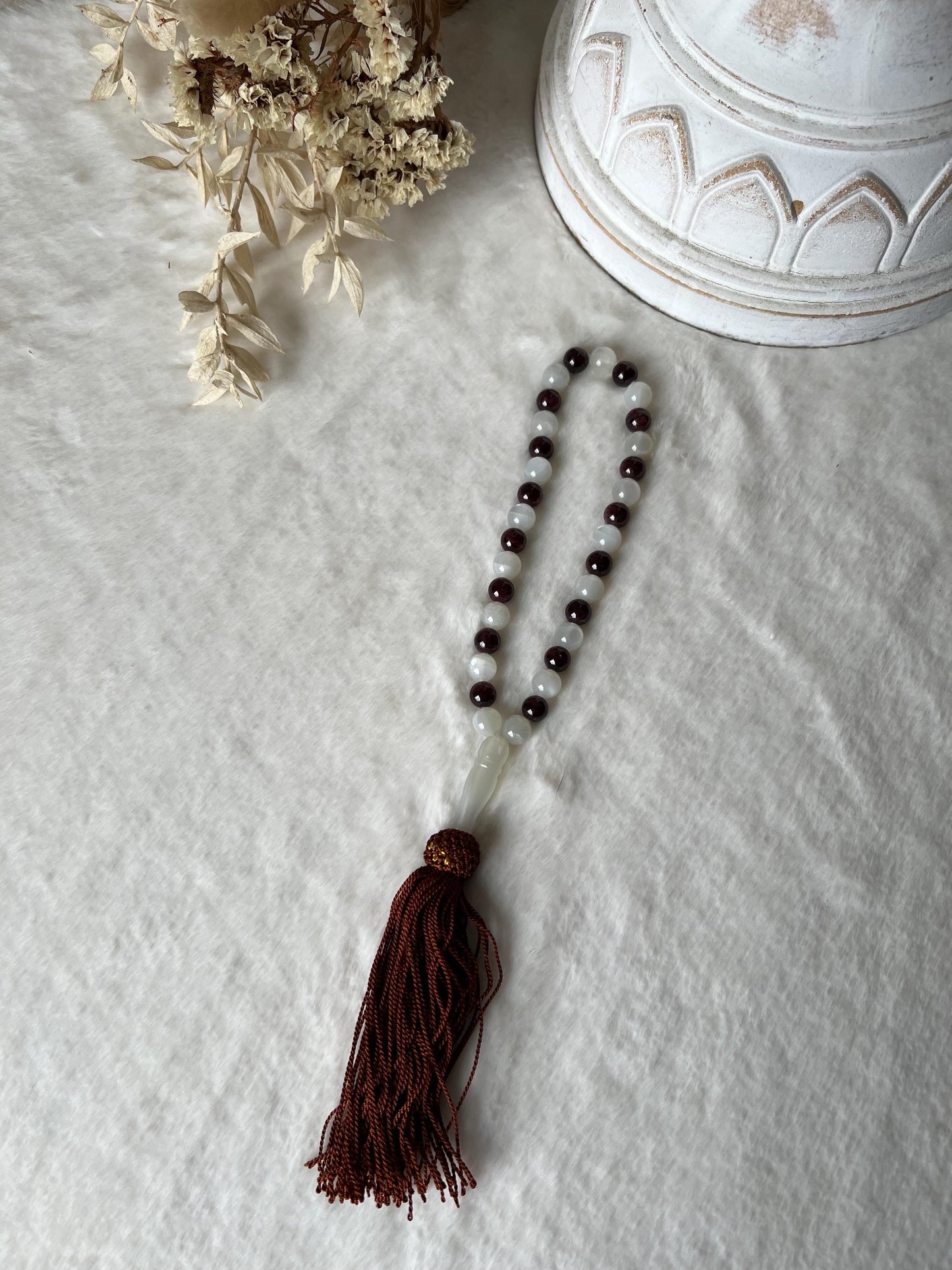Tesbih Mondstein/Granat | Bergkristall/roter Jadpis | Bergkristall/ Karneol