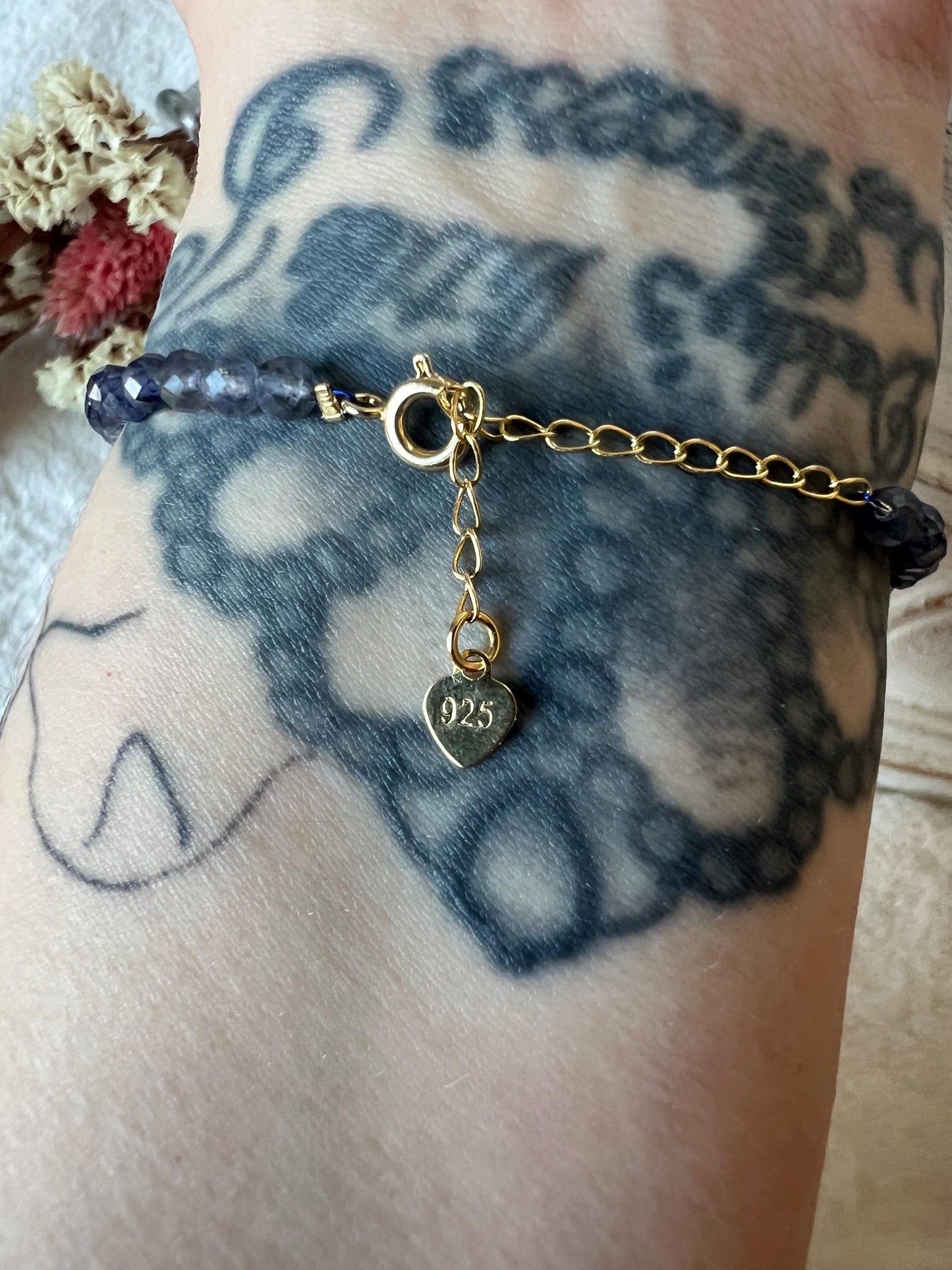 Iolith faccettiert Süßwasserperlen Armband 925 Silber/18k vergoldet