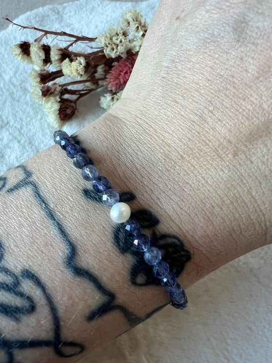 Iolith faccettiert Süßwasserperlen Armband 925 Silber/18k vergoldet