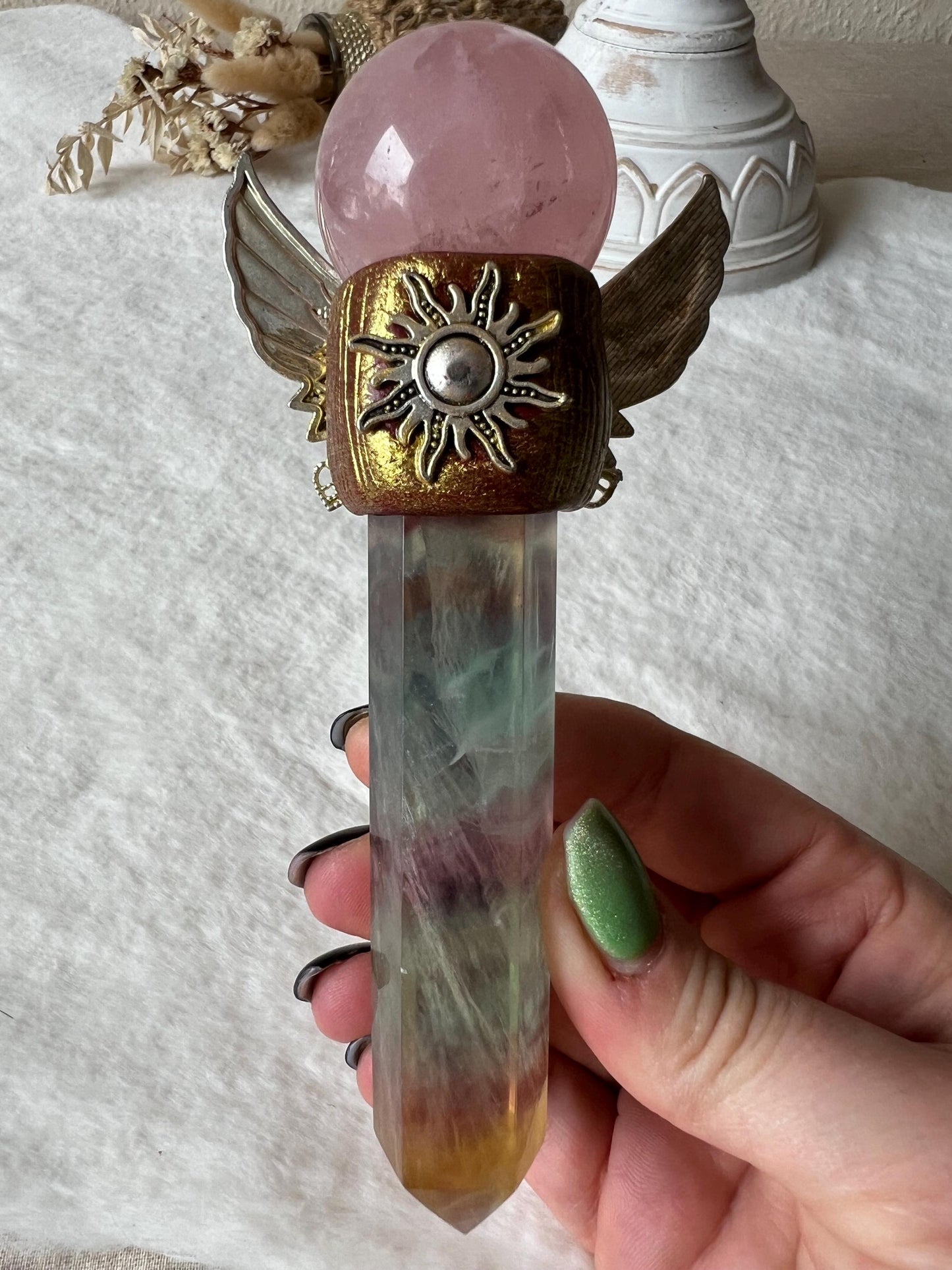 Zepter Rosenquarz Kugel und Fluorit Turm (Sailormoon Vibes)