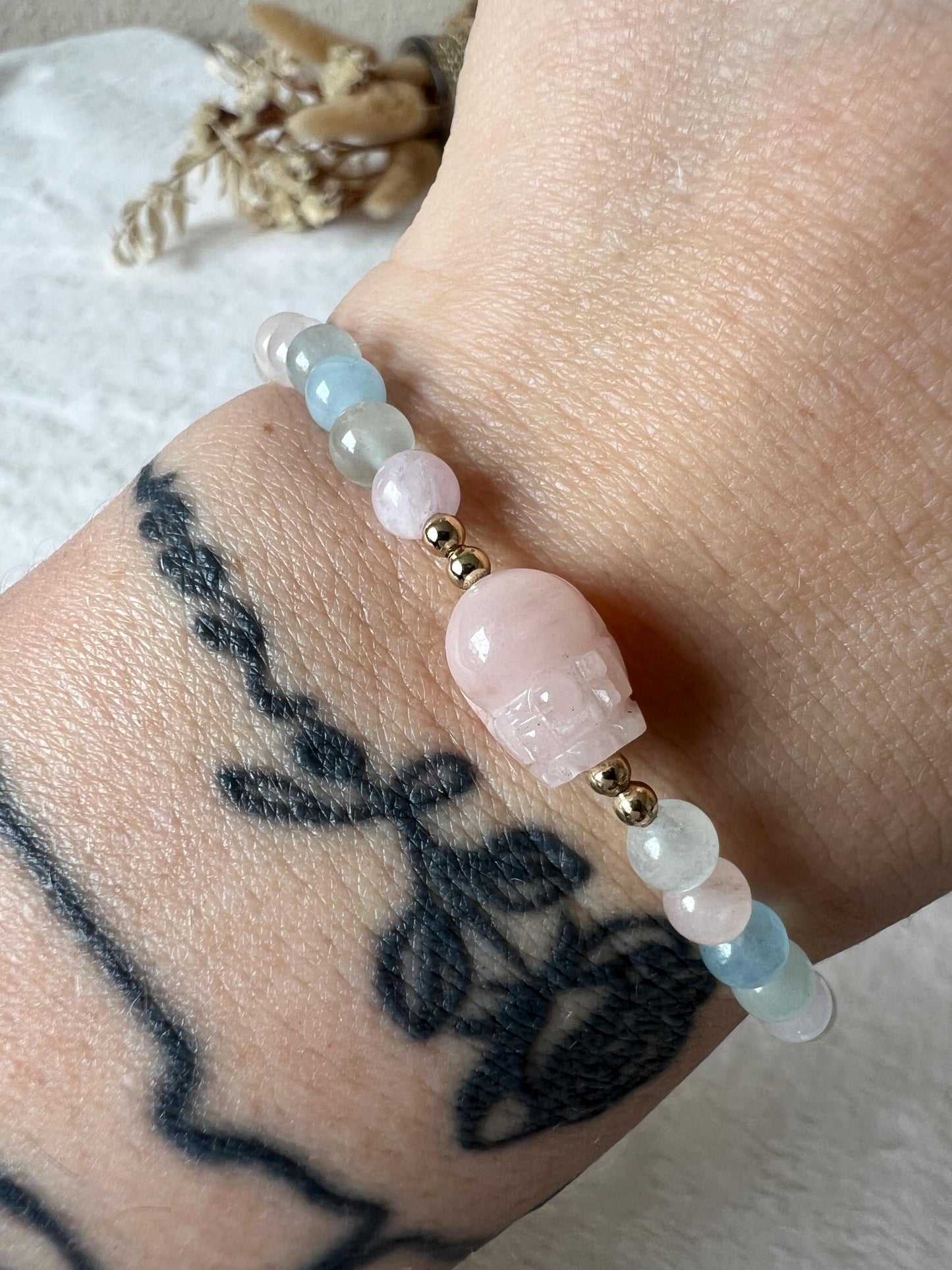 Morganit Armbänder verschiedene Designs,Faccettierte Würfel 4mm, Carving 5mm/9mm und Perlen 8,5mm