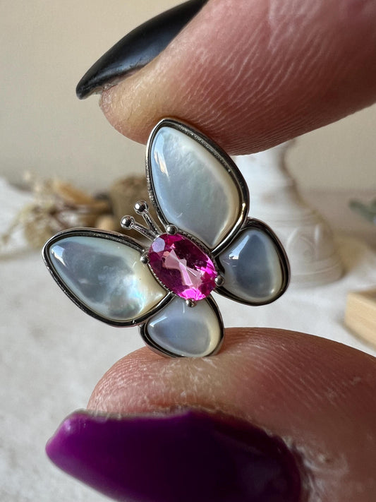Pinker Topas Perlmutt Schmetterling Kettenanhänger 925 Silber