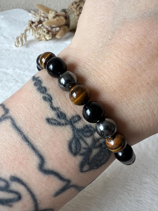 Obsidian, Hämatit und Tigerauge Mix Armband 8,5mm Gr.18