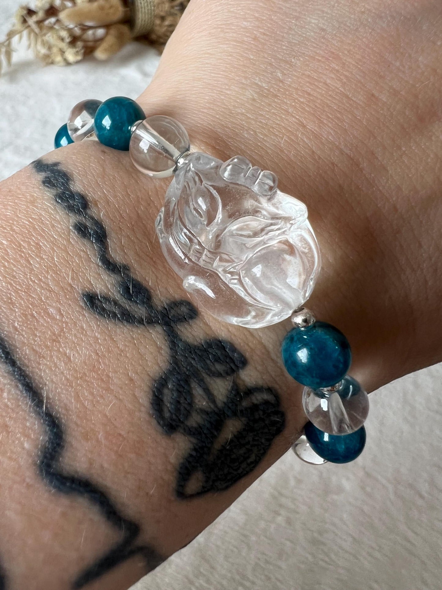 Apatit und Bergkristall Katze oder Mädchen High Quality Armband 8mm Gr.16/17