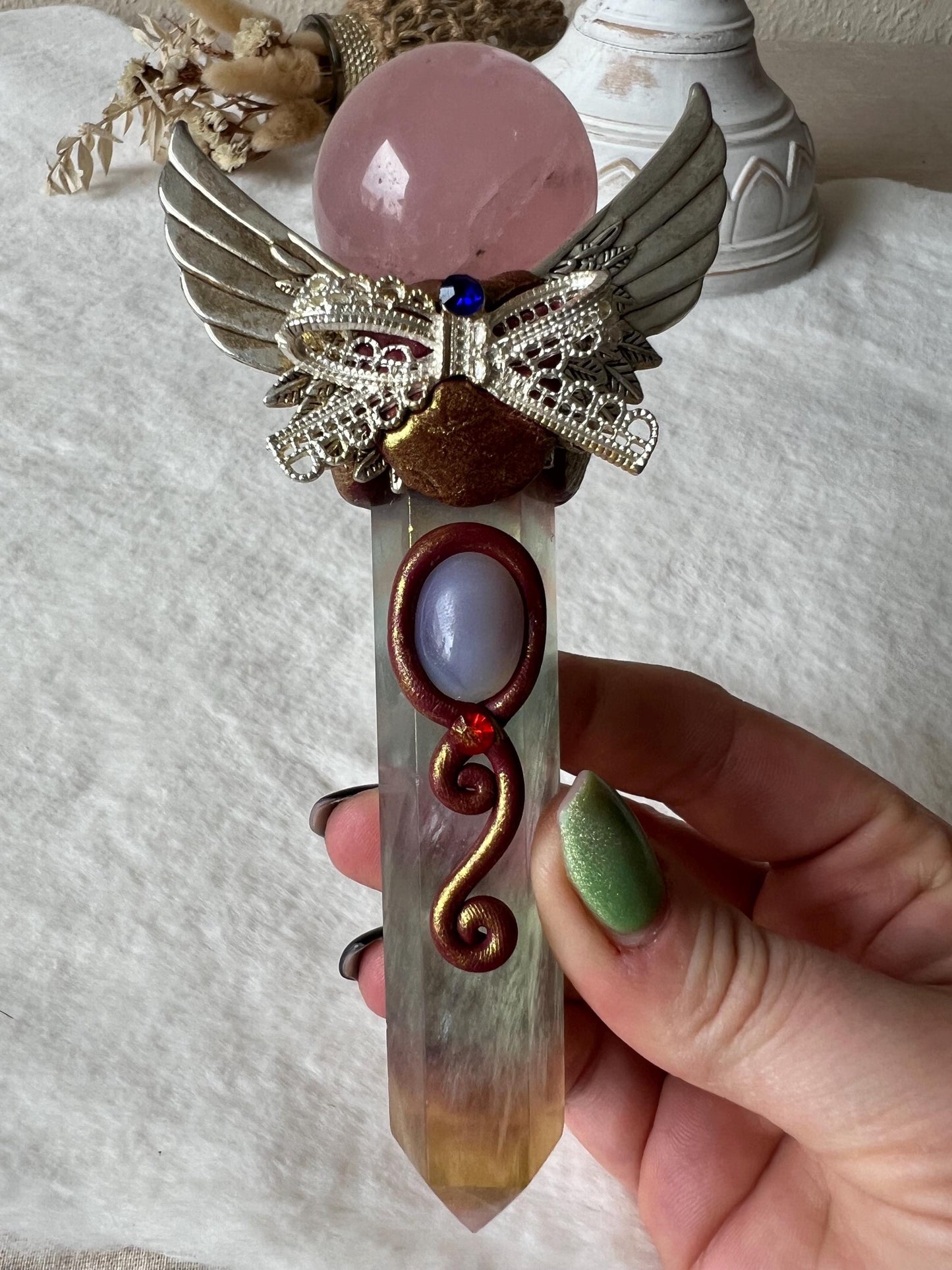 Zepter Rosenquarz Kugel und Fluorit Turm (Sailormoon Vibes)