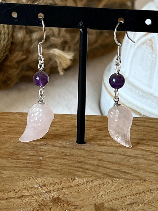 Rosenquarz Amethyst Flügel Ohrringe 925 Silber