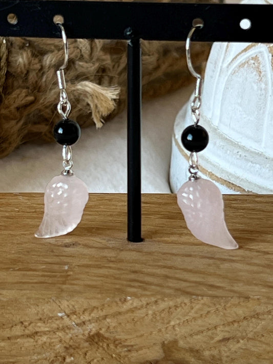 Rosenquarz Obsidian Flügel Ohrringe 925 Silber
