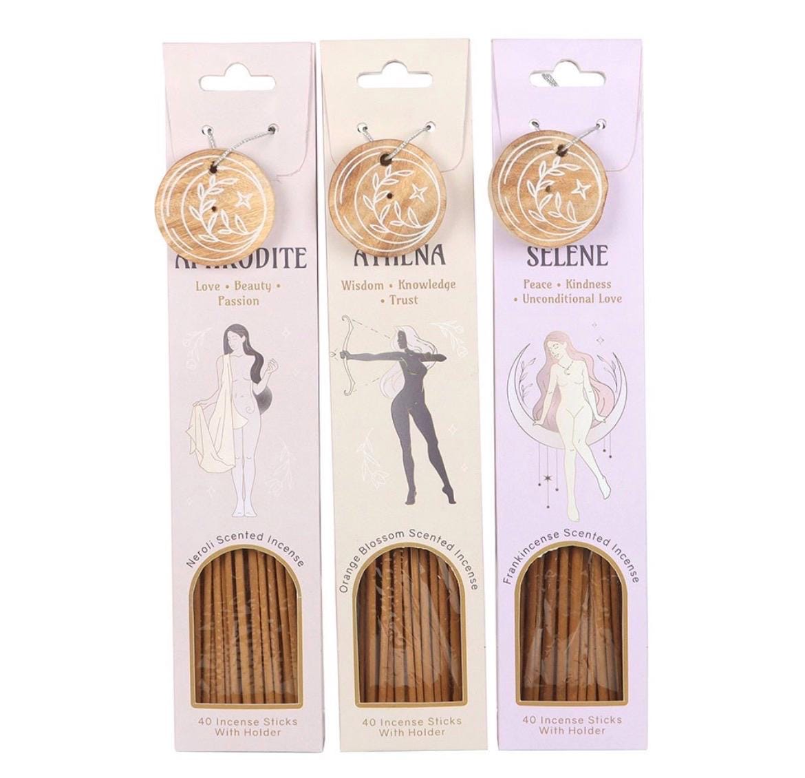 Göttinnen Räucherstäbchen Set mit Halter | Aphrodite, Selene oder Athena | 40 Räucherstäbchen | Spirituelles Geschenk