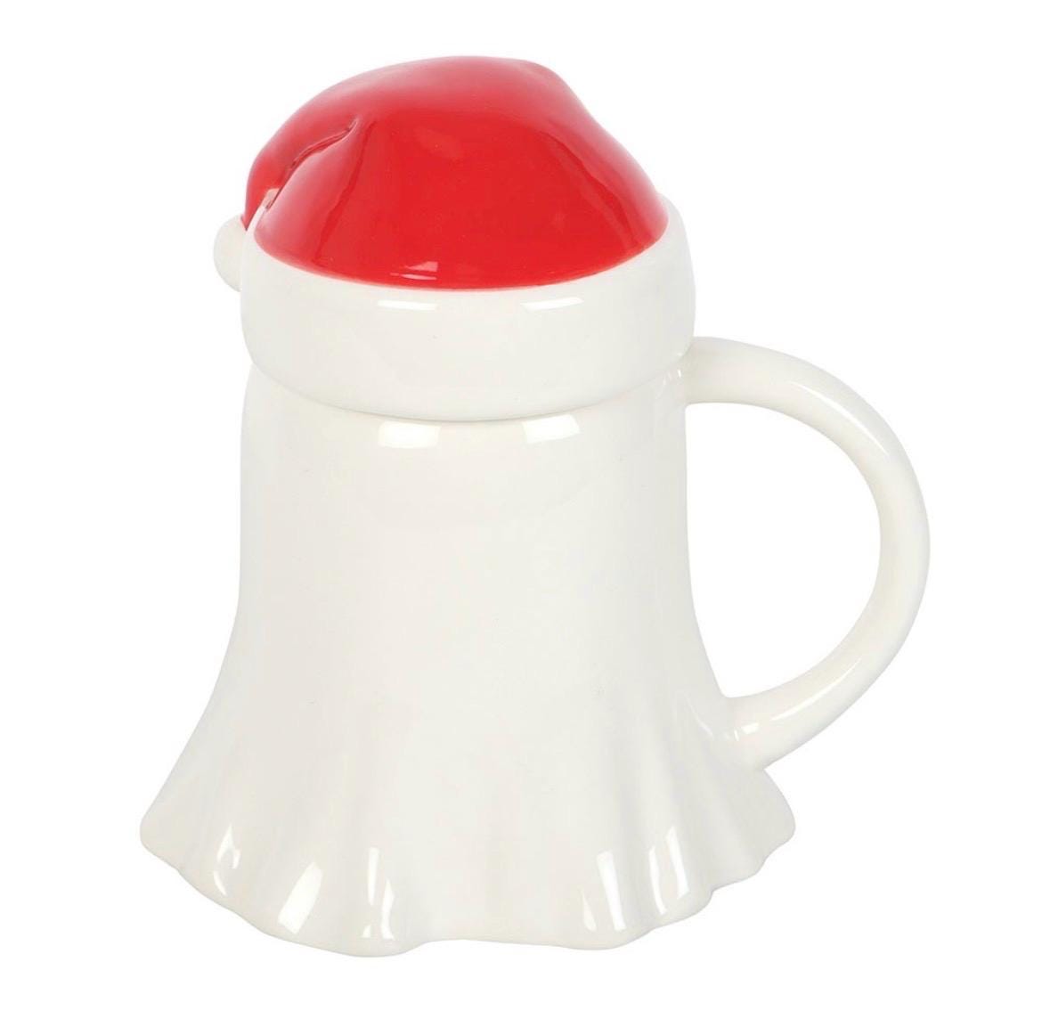 Weihnachtliche Geist Tasse mit Nikolausmütze | Ghost Mug mit Deckel | Christmas Ghost Cup | Weihnachtsgeschenk