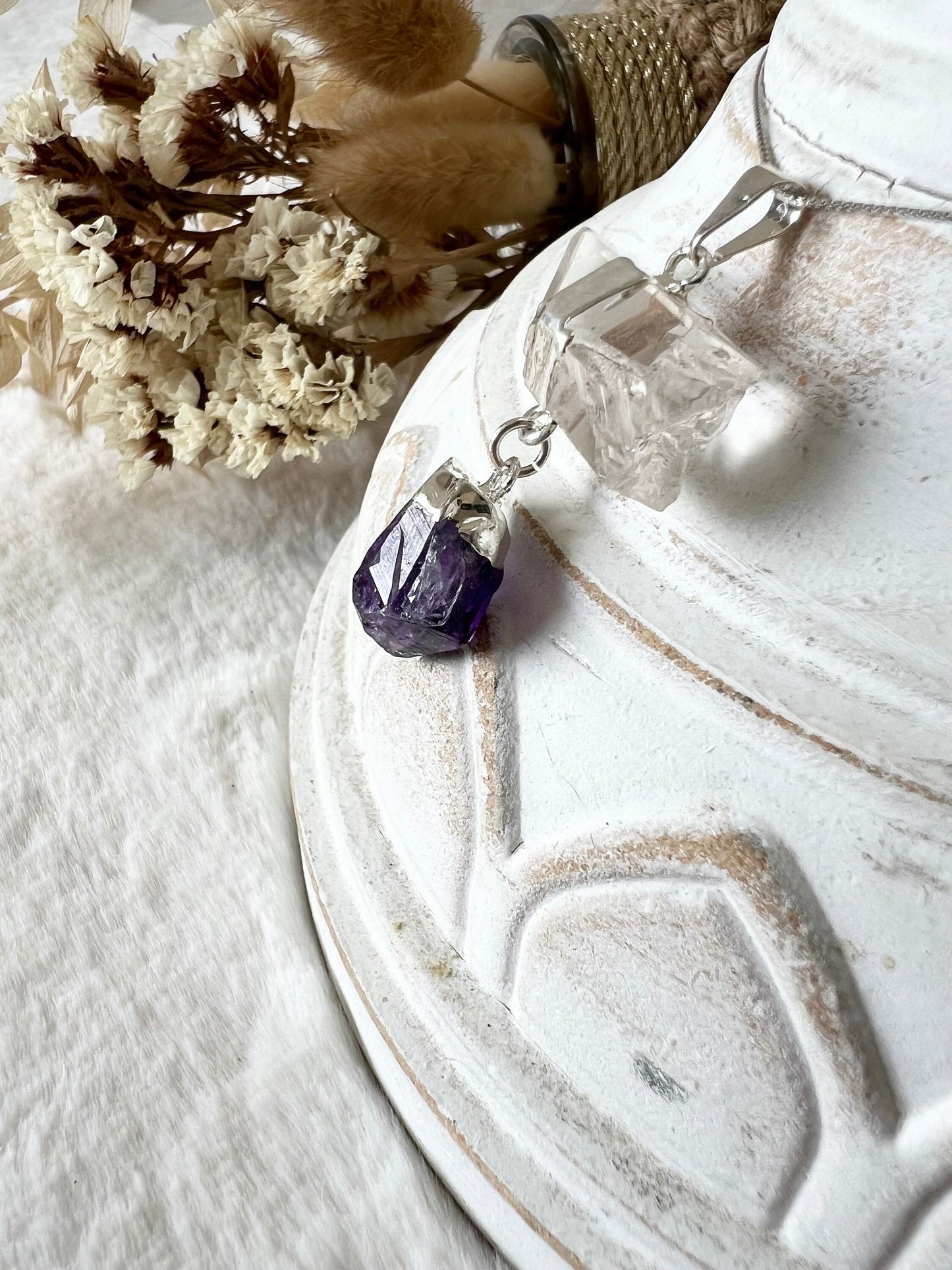 Bergkristall mit Amethyst Doppelanhänger silberfarben galvanisiert