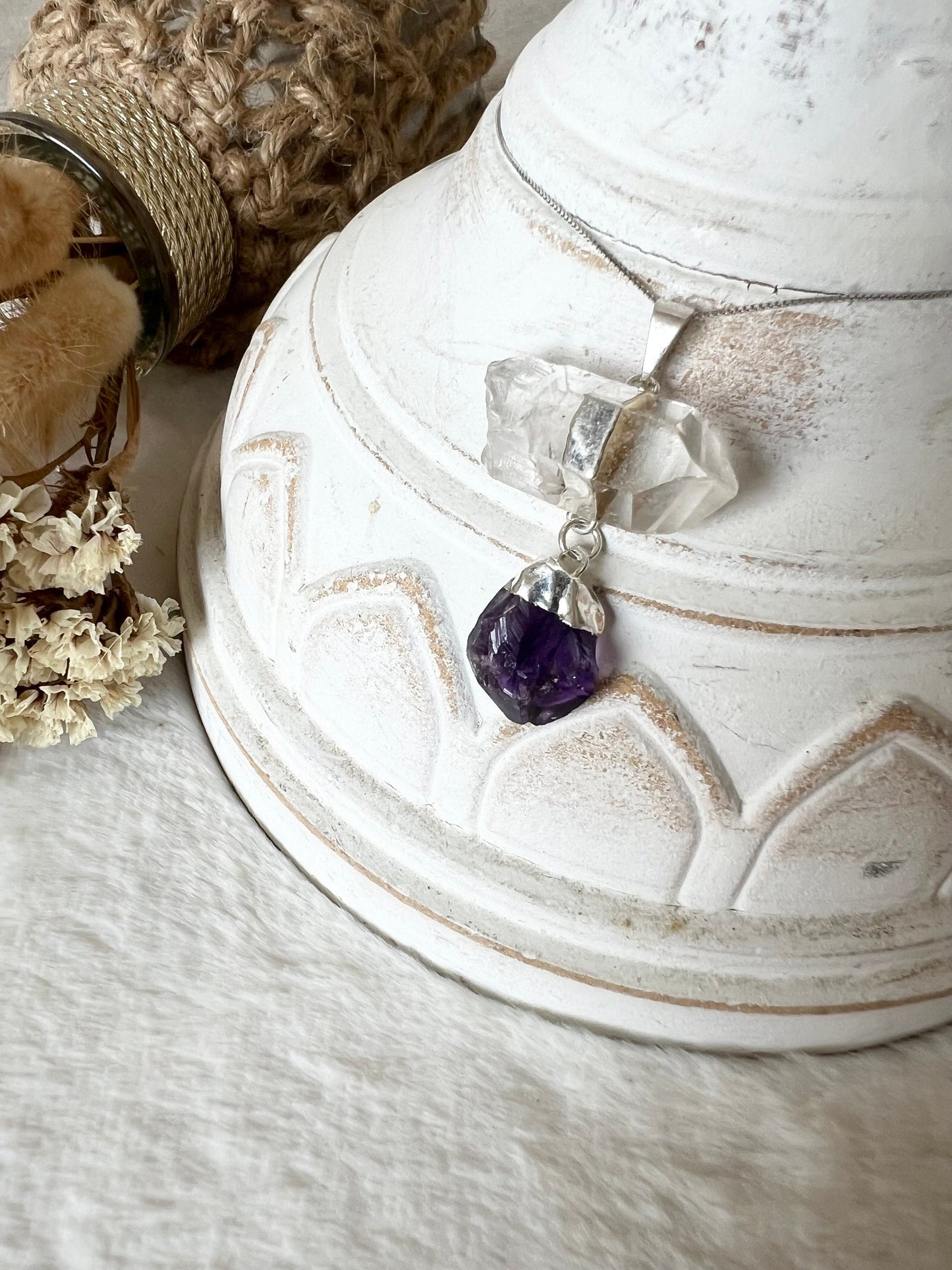 Bergkristall mit Amethyst Doppelanhänger silberfarben galvanisiert