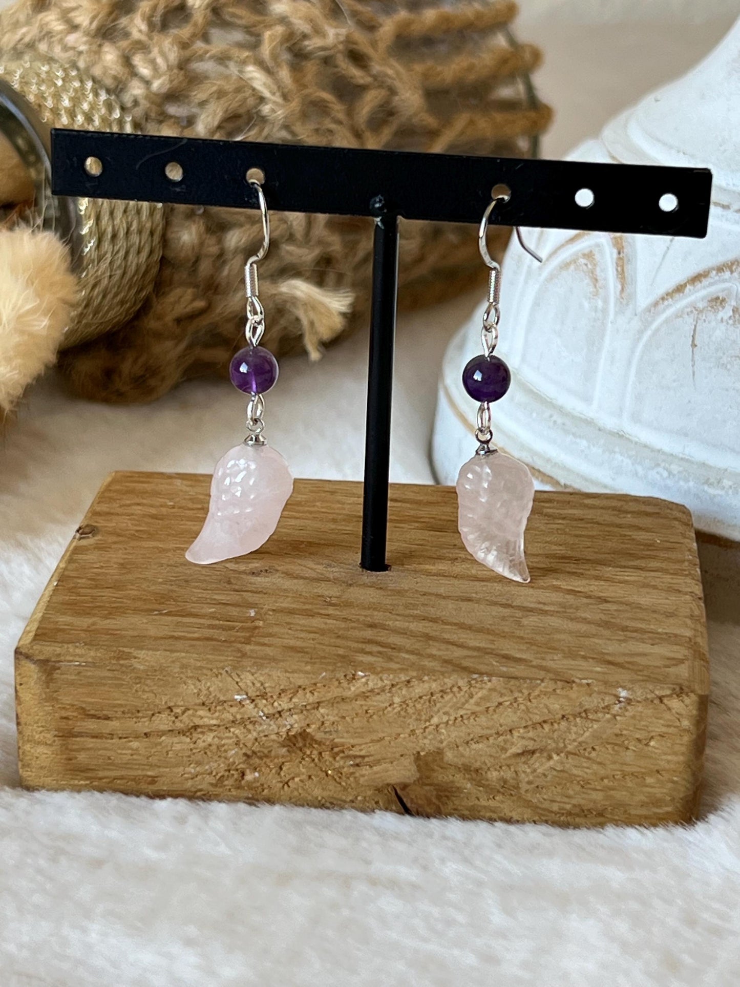 Rosenquarz Amethyst Flügel Ohrringe 925 Silber