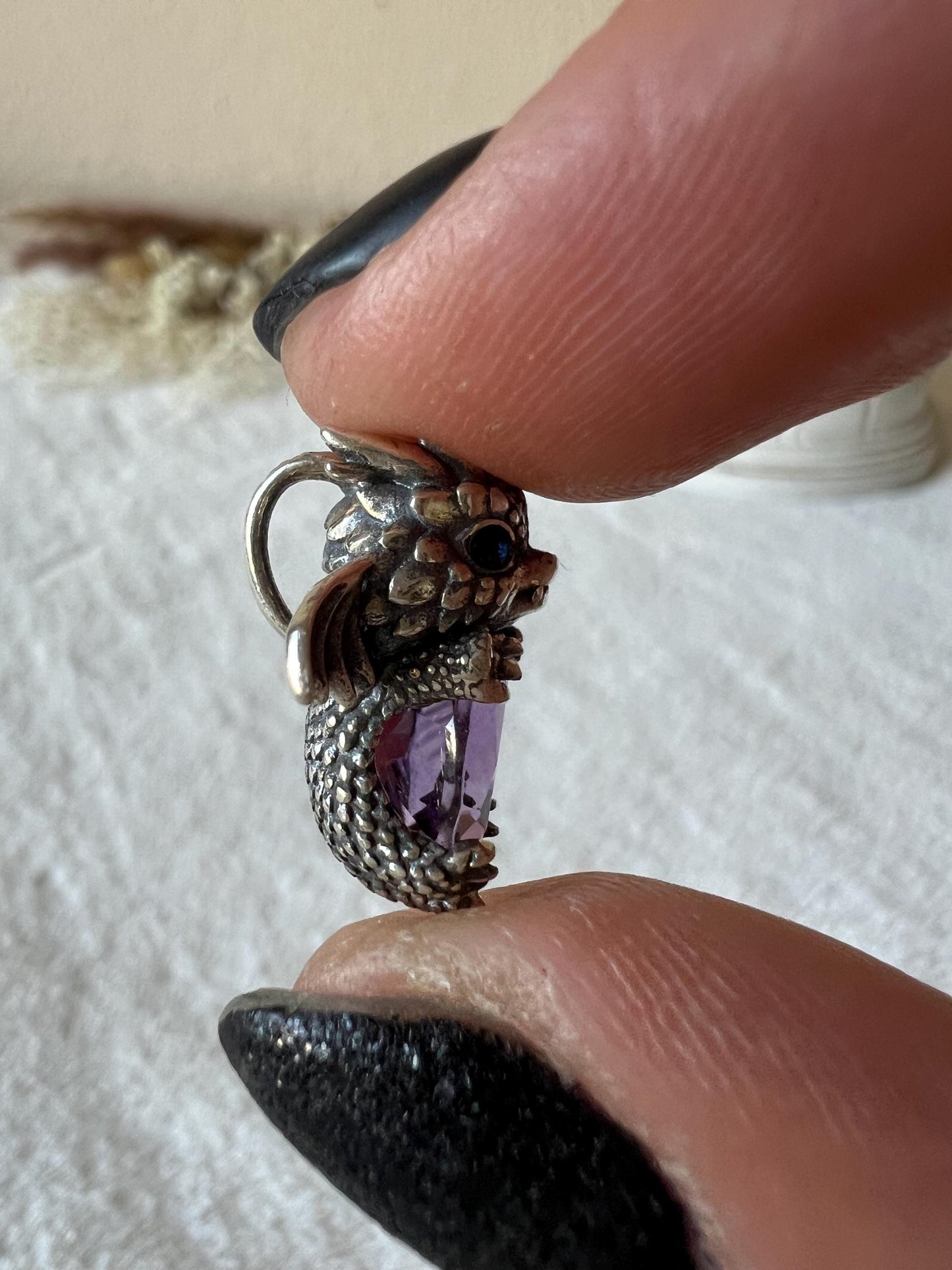 Drachen Kettenanhänger Obsidian und Amethyst 925 Silber