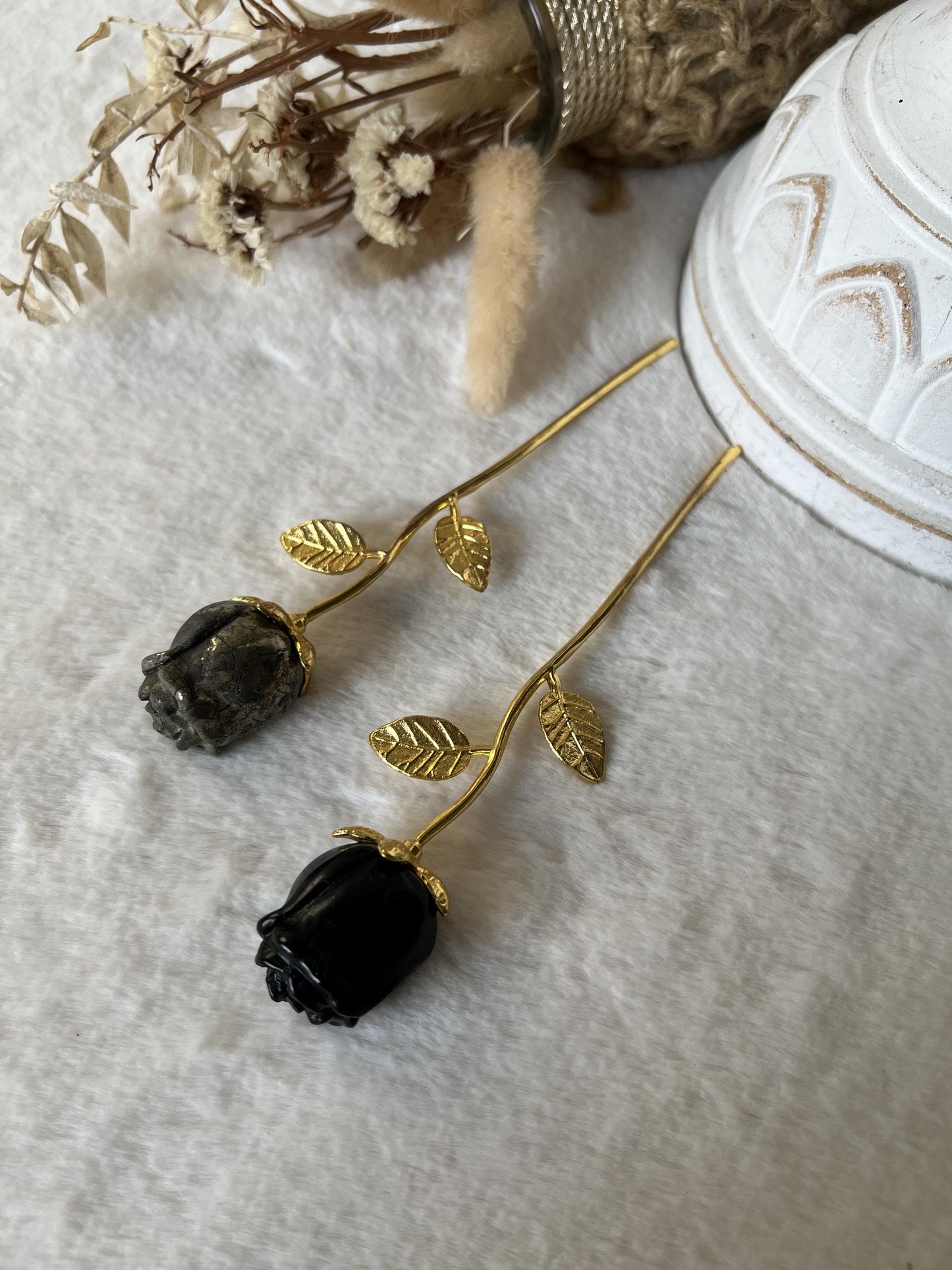 Goldene Edelstein-Rosen – Pyrit & Obsidian