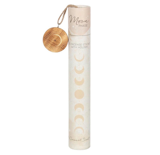 Mondphase Räucherstäbchen Geschenkset mit Holzhalter – Kokosnussduft