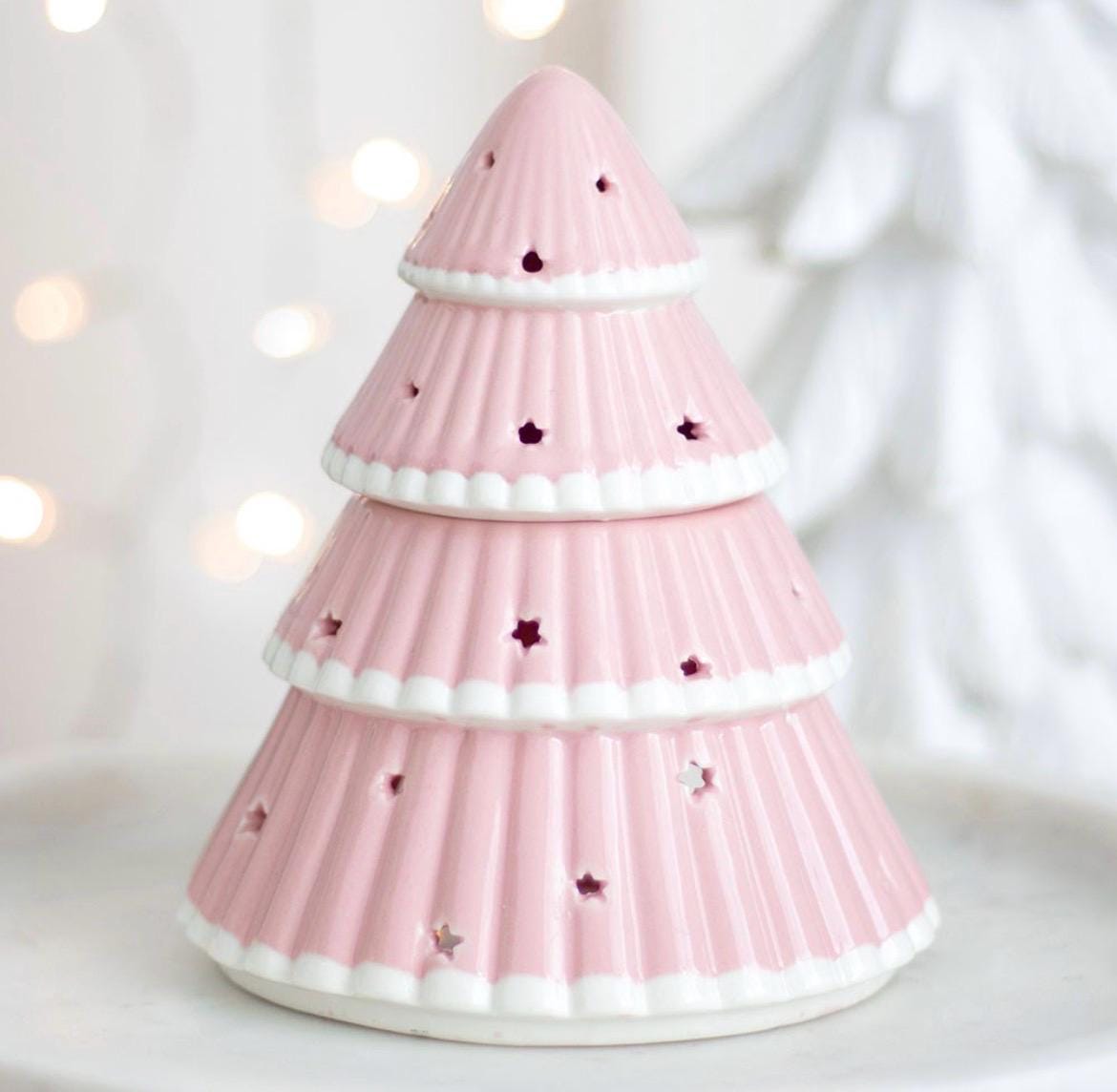 Rosa Weihnachtsbaum Wachsmelt und Ölbrenner aus Keramik