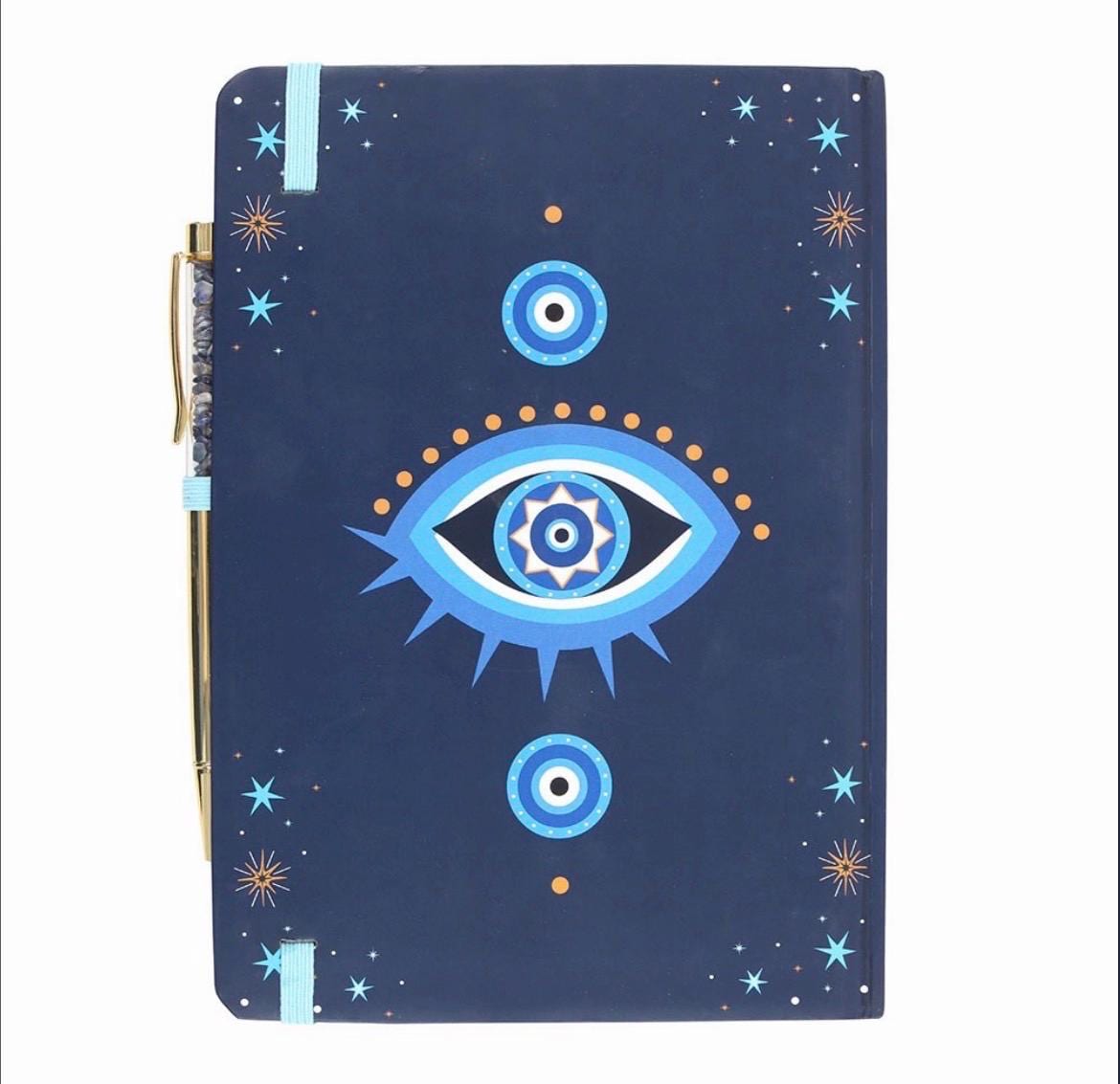 Hamsa oder Evil Eye Notizbuch mit Sodalith-Kugelschreiber
