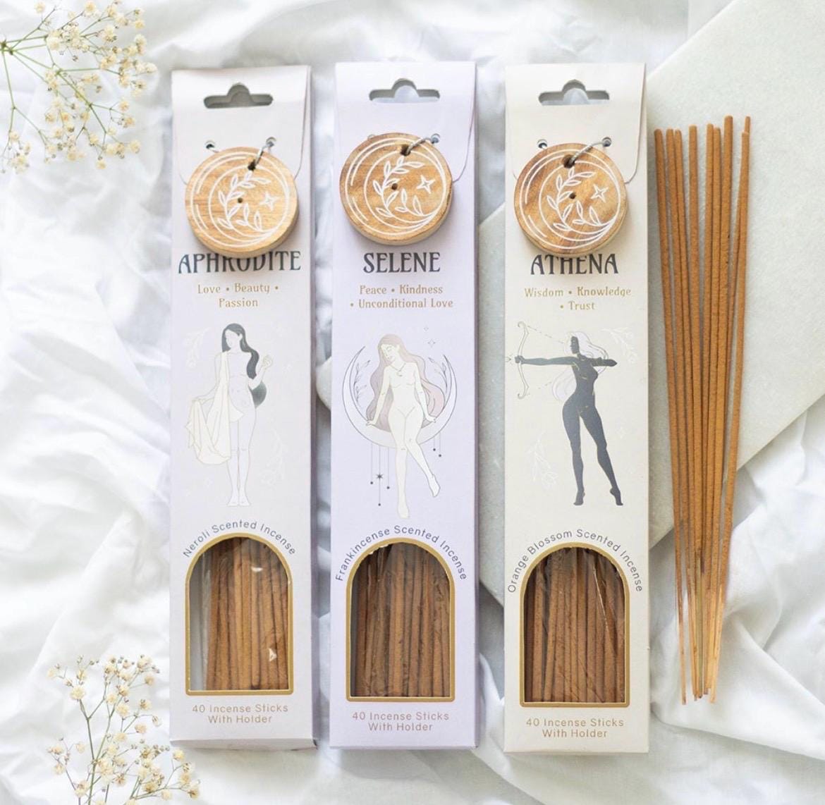 Göttinnen Räucherstäbchen Set mit Halter | Aphrodite, Selene oder Athena | 40 Räucherstäbchen | Spirituelles Geschenk