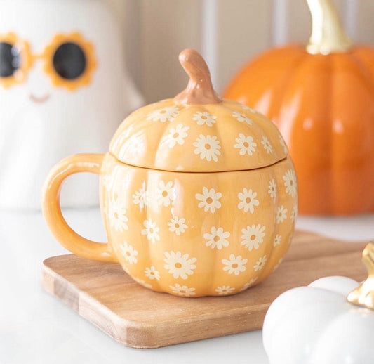 Kürbis Tasse mit Deckel & Gänseblümchen | Herbst Tasse Keramik | Cottagecore Becher | Pumpkin Mug | Geschenkidee