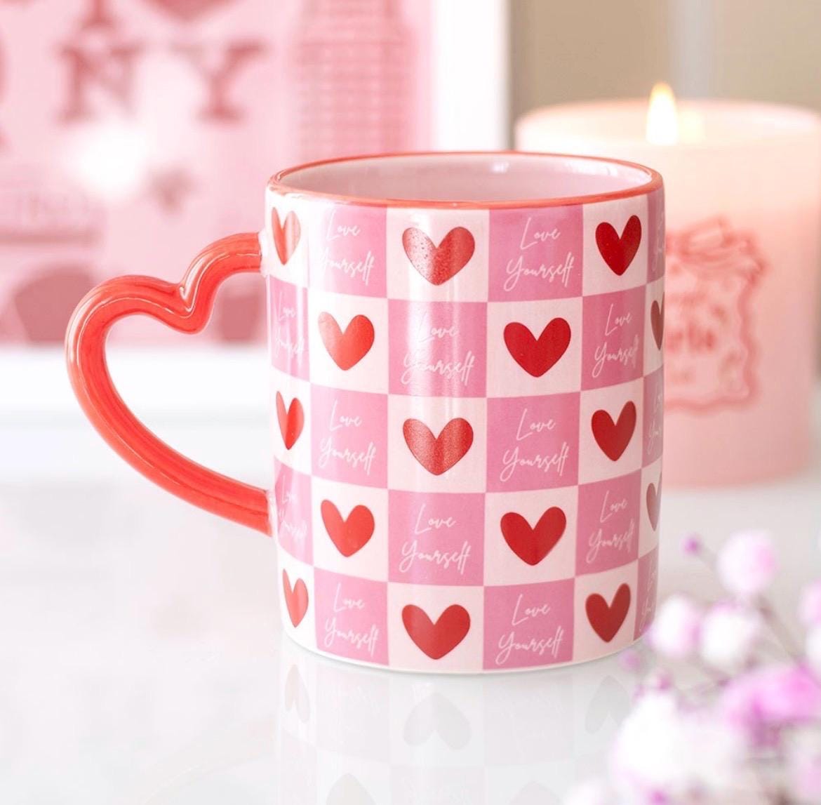 Love Yourself Herz Tasse | Keramik Becher mit Herz Henkel | Valentinstag Geschenk | Self Love Mug | Rosa Herz Tasse