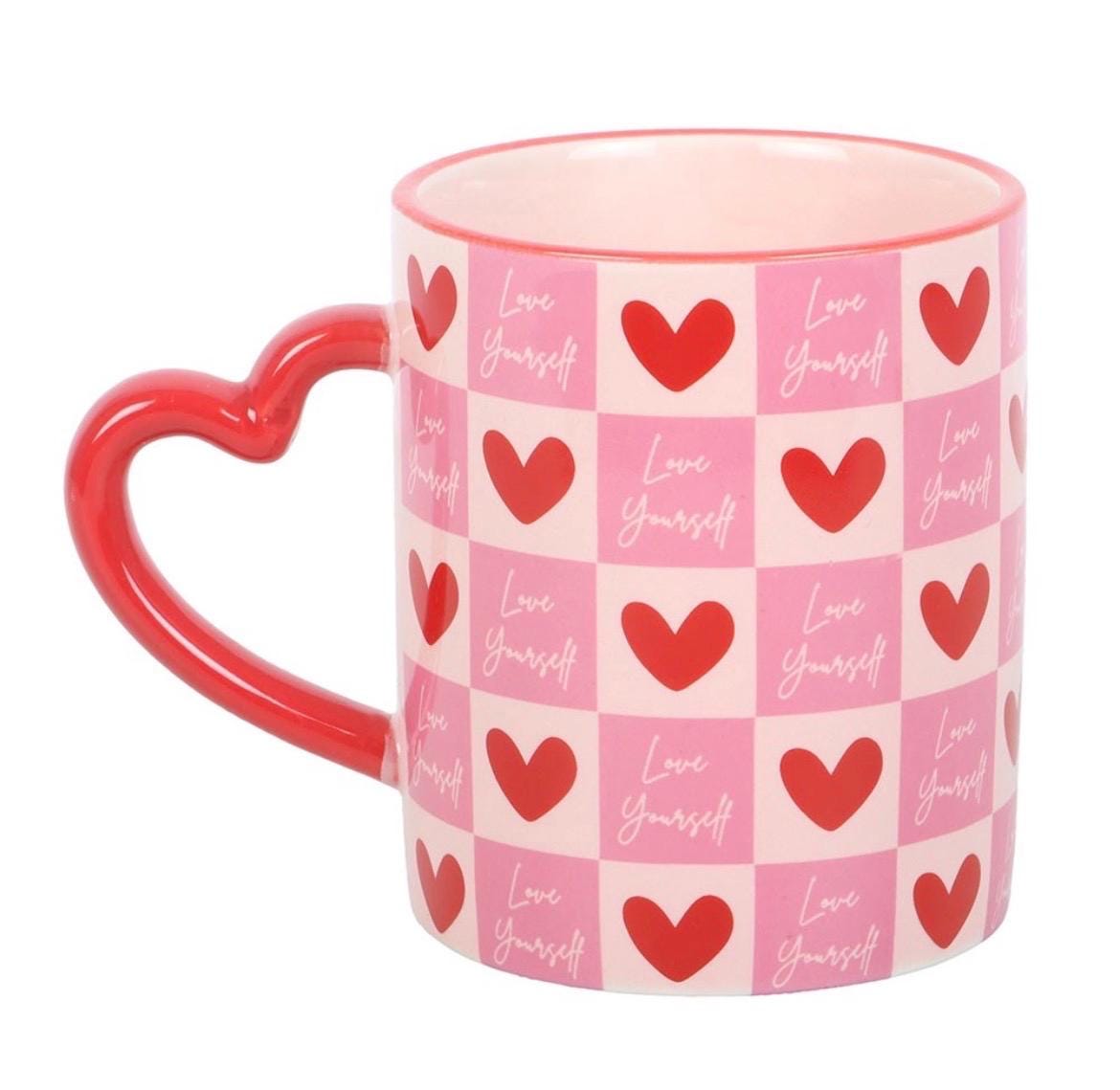 Love Yourself Herz Tasse | Keramik Becher mit Herz Henkel | Valentinstag Geschenk | Self Love Mug | Rosa Herz Tasse