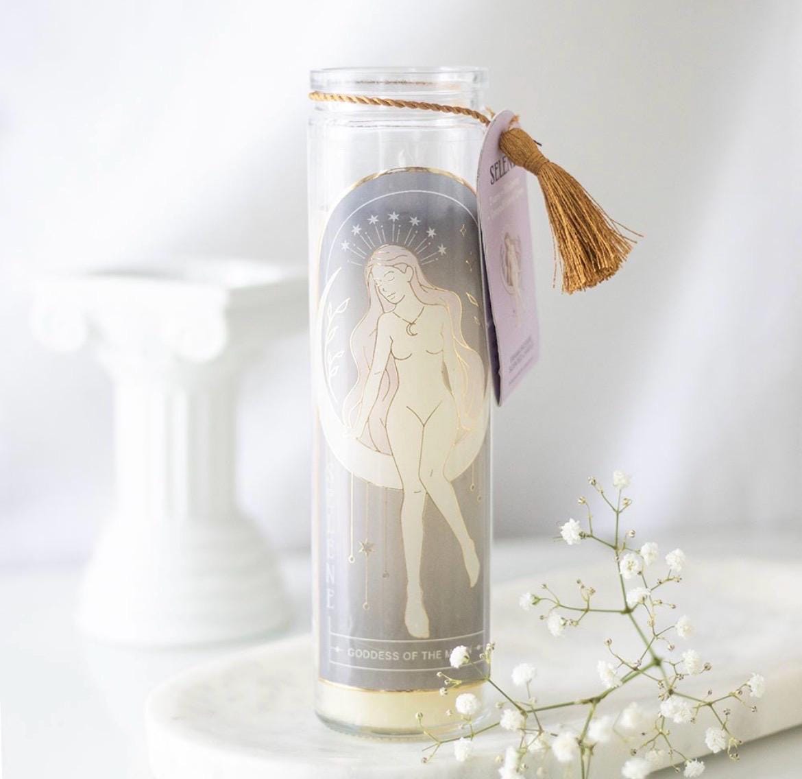 Göttinnen Duftkerze mit Kristallen | Selene, Athena oder Aphrodite | Spirituelle Kerze | Kristallkerze | Geschenk für Hexen & Mondliebhaber
